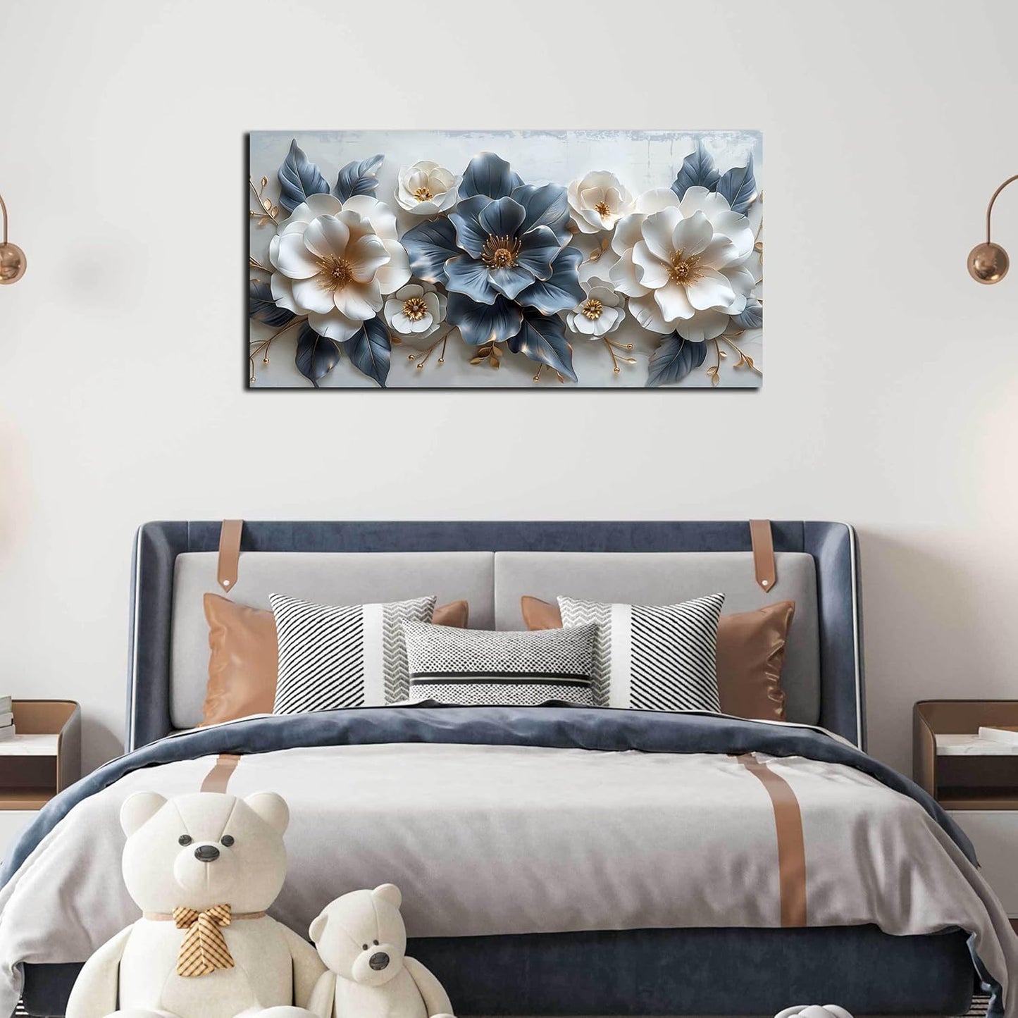 Stunning Blue and White Flower Prints Wall Art - Aesthetic 20" X 40" Decor for Living Room, Office, and Bedroom