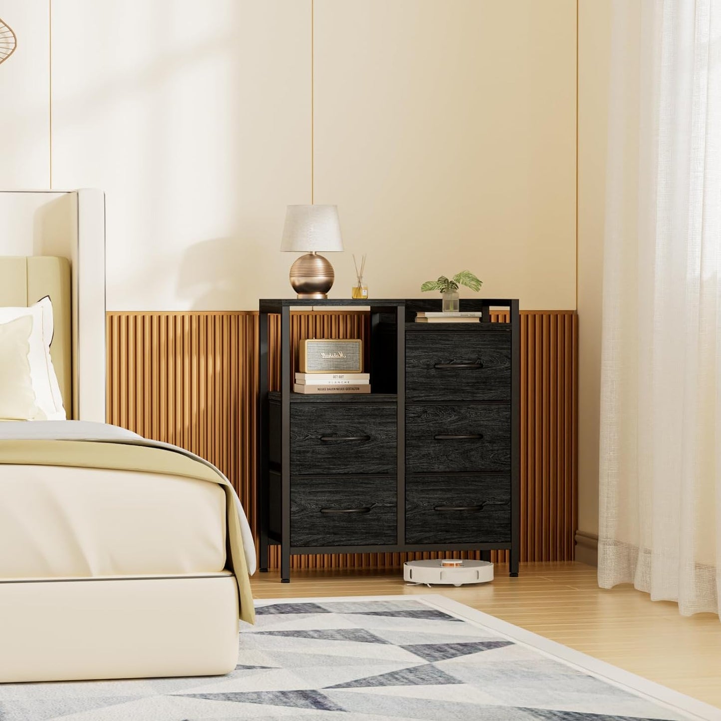 Stylish 5-Drawer Black Dresser with 2-Tier Shelf - Modern Fabric Storage Solution for Bedroom and Closet Organization