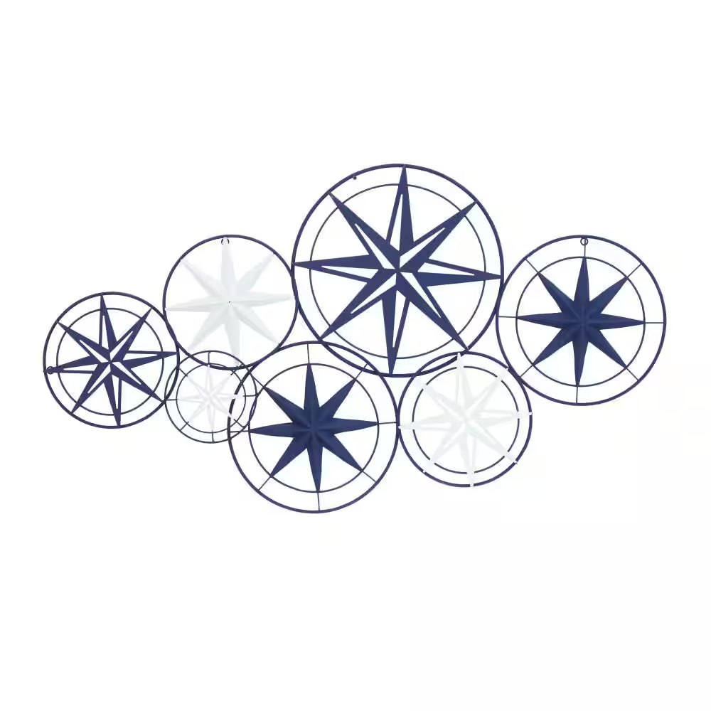 48 In.X 26 In. Metal Blue Indoor Outdoor Cutout Compass Star Wall Decor W/Overlapping Circular Frames and White Accents