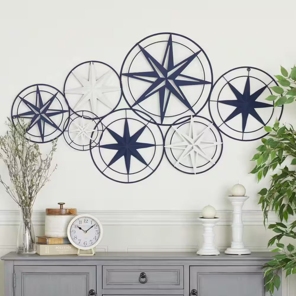 48 In.X 26 In. Metal Blue Indoor Outdoor Cutout Compass Star Wall Decor W/Overlapping Circular Frames and White Accents