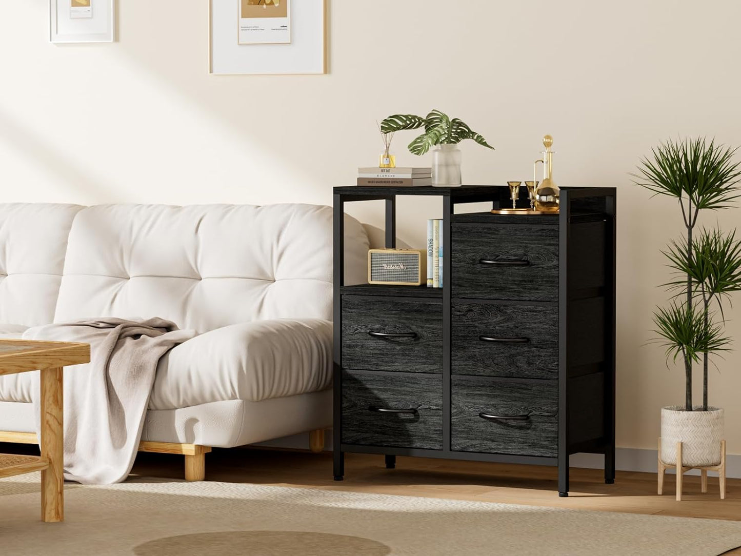 Stylish 5-Drawer Black Dresser with 2-Tier Shelf - Modern Fabric Storage Solution for Bedroom and Closet Organization