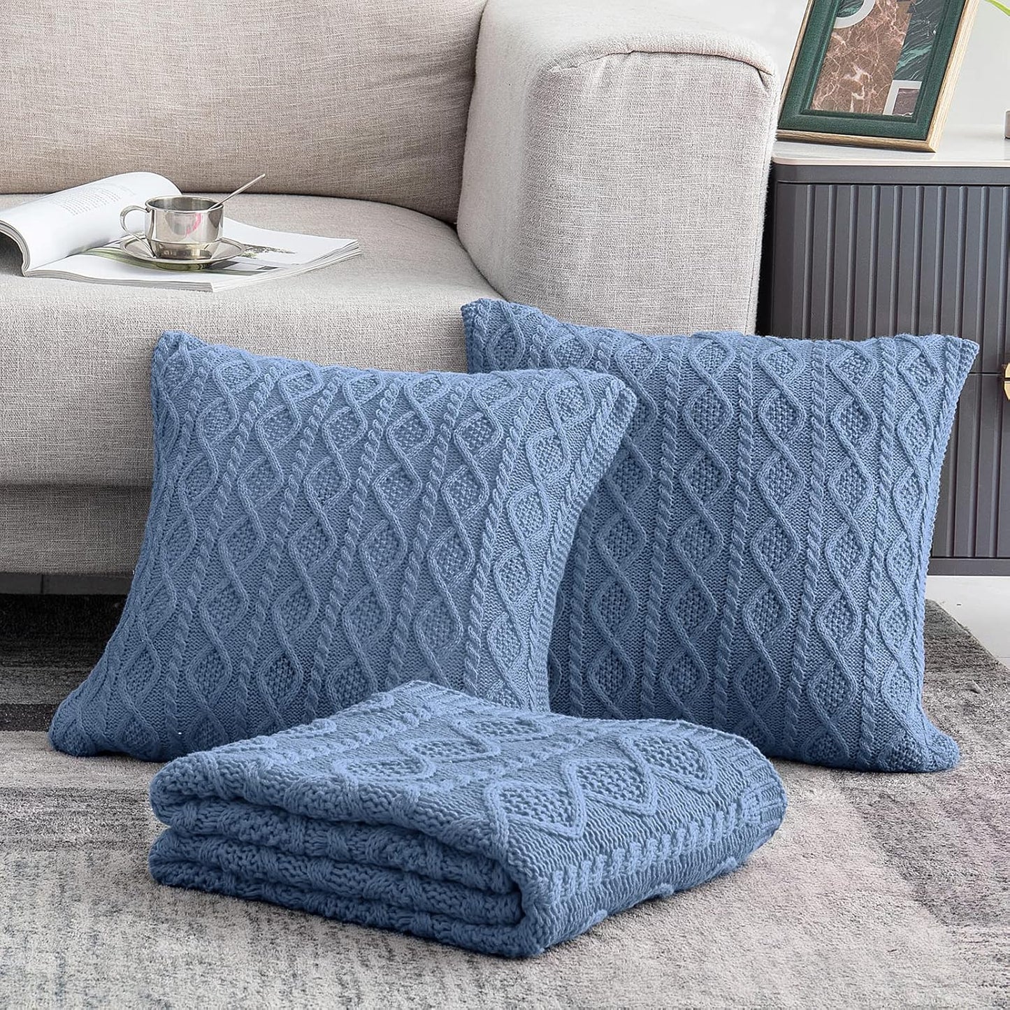 Cozy Dusty Blue Cable Knit Throw Blanket & Pillow Set - Soft Decorative Couch & Bed Essentials (50"x60" Blanket + 2 Pillow Covers)