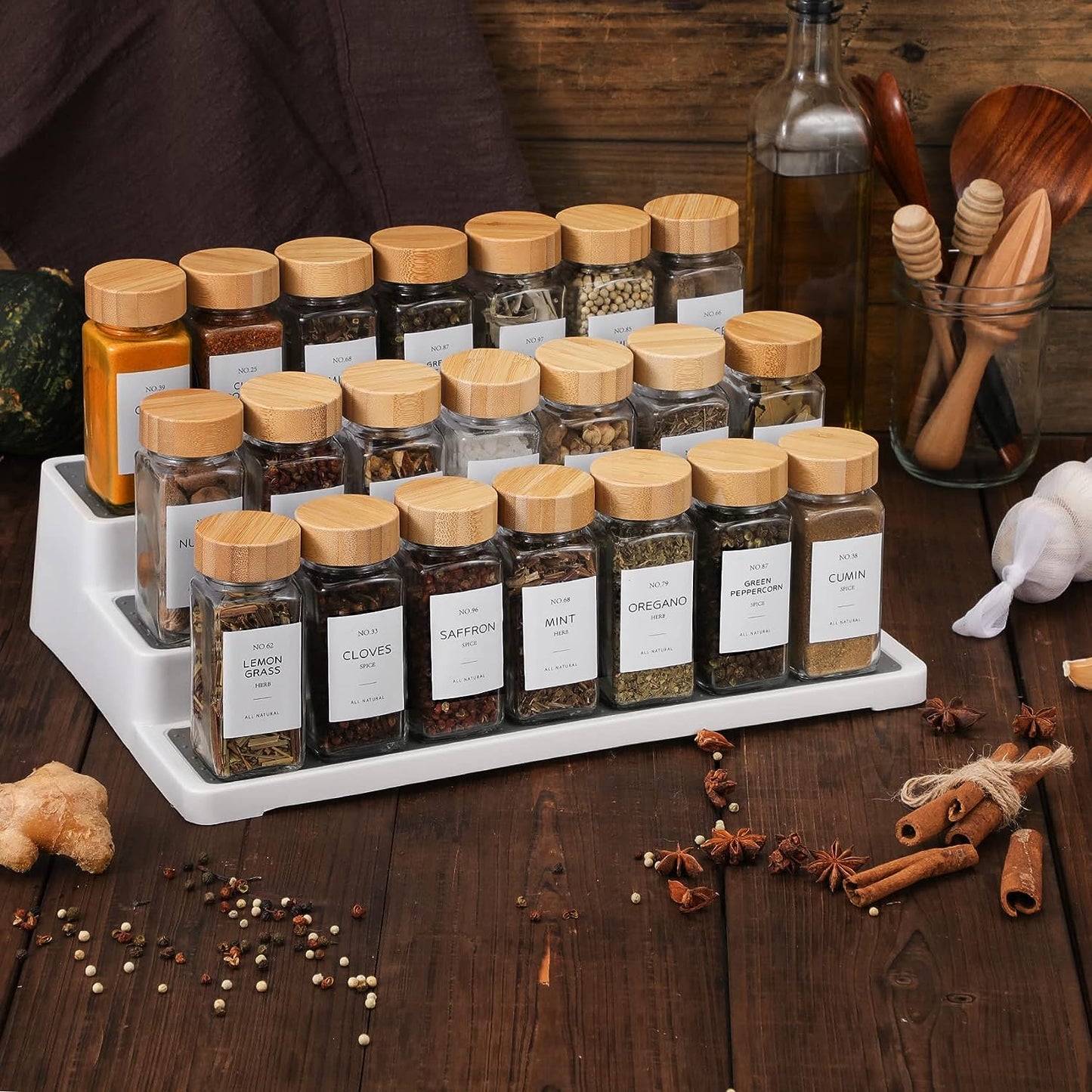 24-Piece Glass Spice Jar Set with Bamboo Lids - 4 Oz Minimalist Jars, Spice Labels, and Collapsible Funnel for Stylish Kitchen Storage