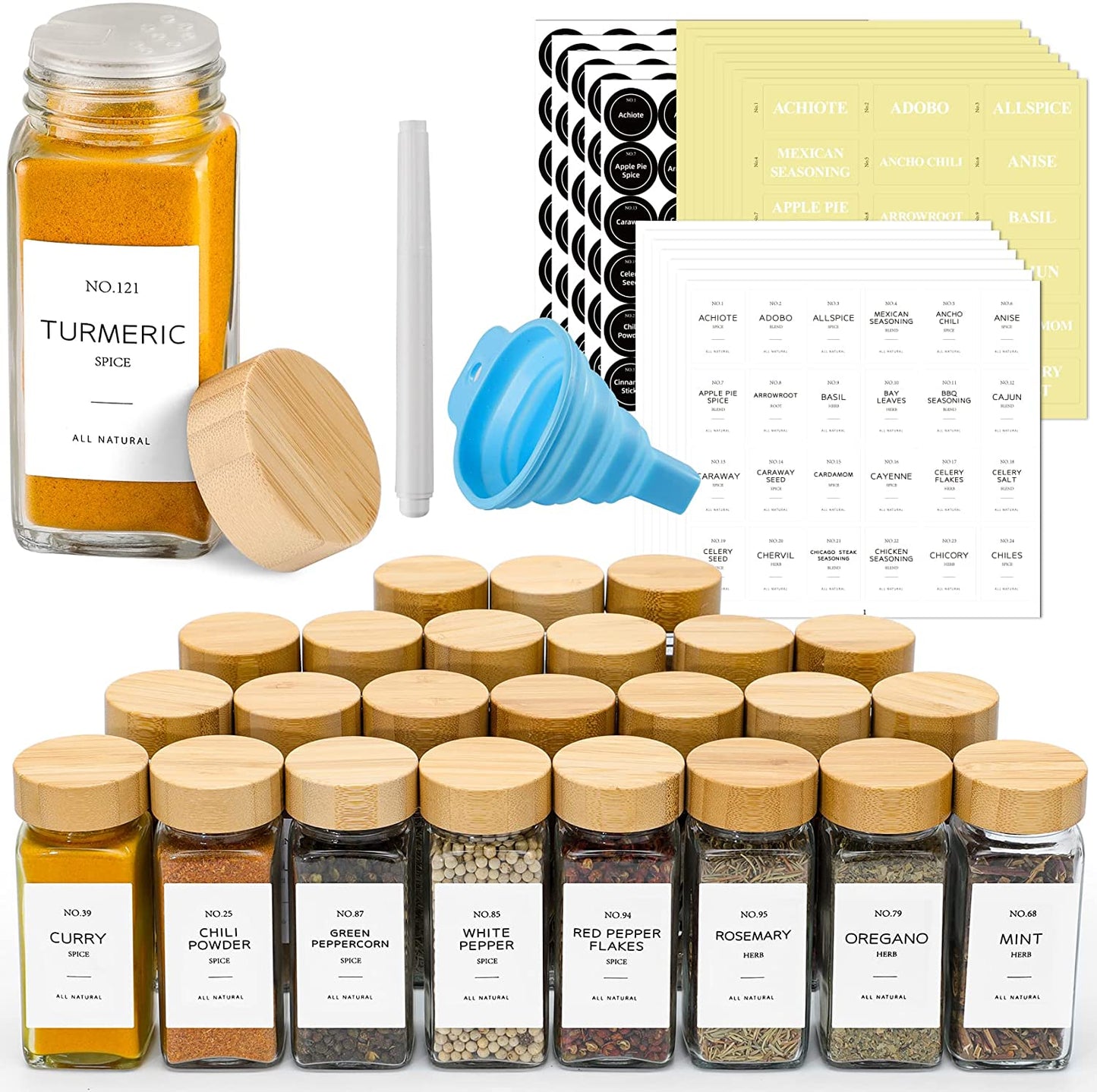 24-Piece Glass Spice Jar Set with Bamboo Lids - 4 Oz Minimalist Jars, Spice Labels, and Collapsible Funnel for Stylish Kitchen Storage