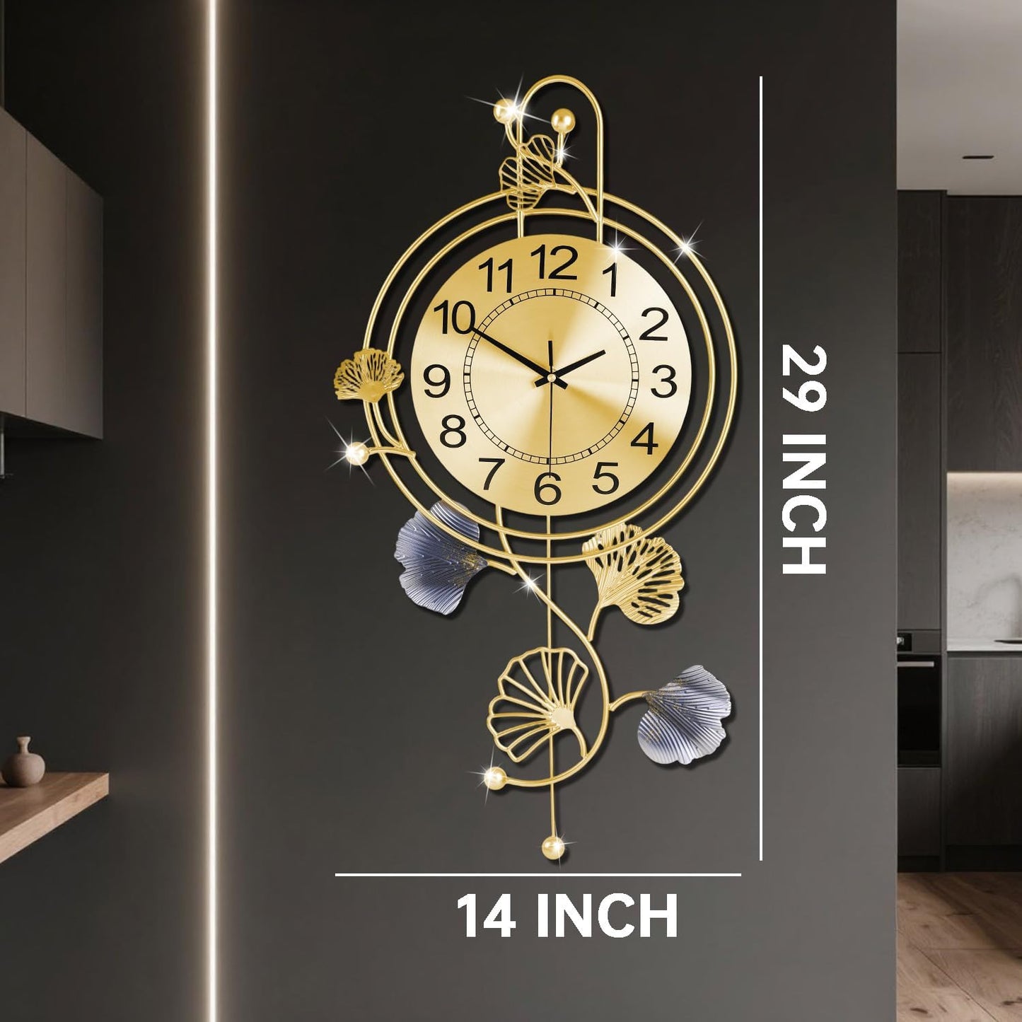 Elegant Silent Metal Wall Clock with Gold and Blue Leaves - Modern Design for Living Room, Bedroom, Office (25"x12") - Black Butterfly Accent