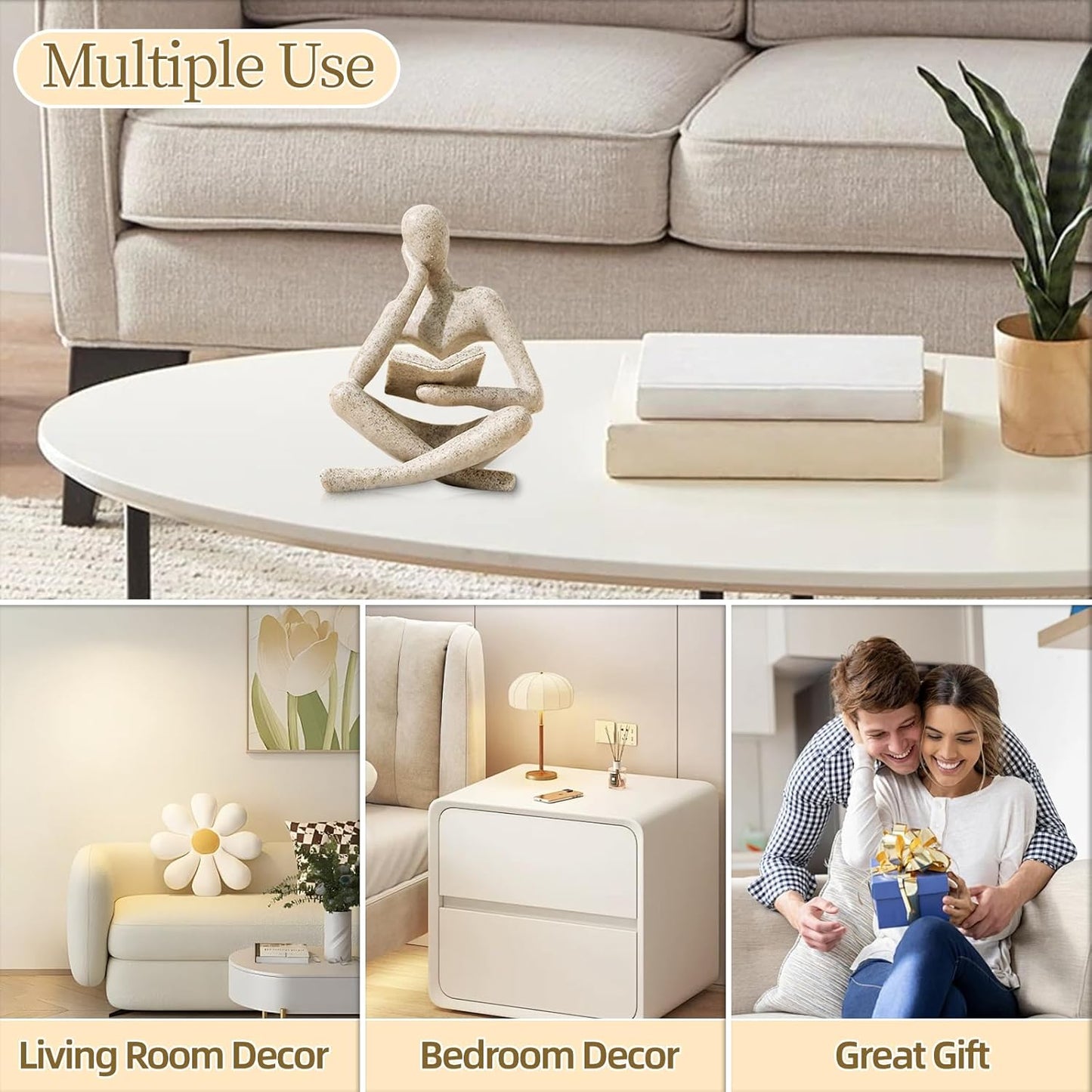 Abstract Thinker Statue - Modern Aesthetic Bookshelf Decor for Living Room & Office - Beige Reading Figurine for Coffee Table & Desk