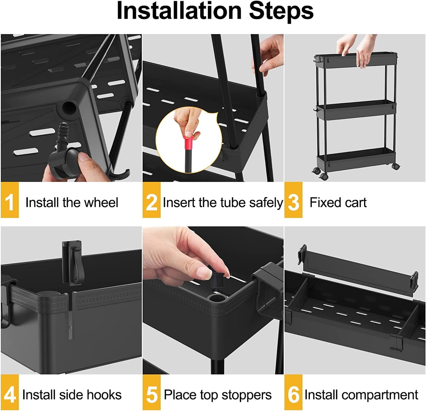 4-Tier Slim Storage Cart - Versatile Rolling Organizer for Bathroom, Kitchen, Office & Laundry Room - Perfect for Narrow Spaces - Sleek Black Design