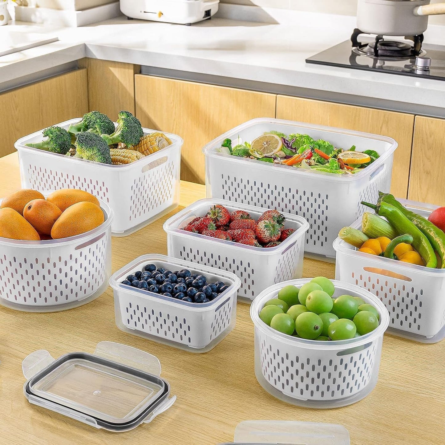 4-Piece Airtight Fruit Storage Containers with Removable Colander - Keep Berries and Vegetables Fresh Longer in the Fridge, Dishwasher Safe Produce Saver
