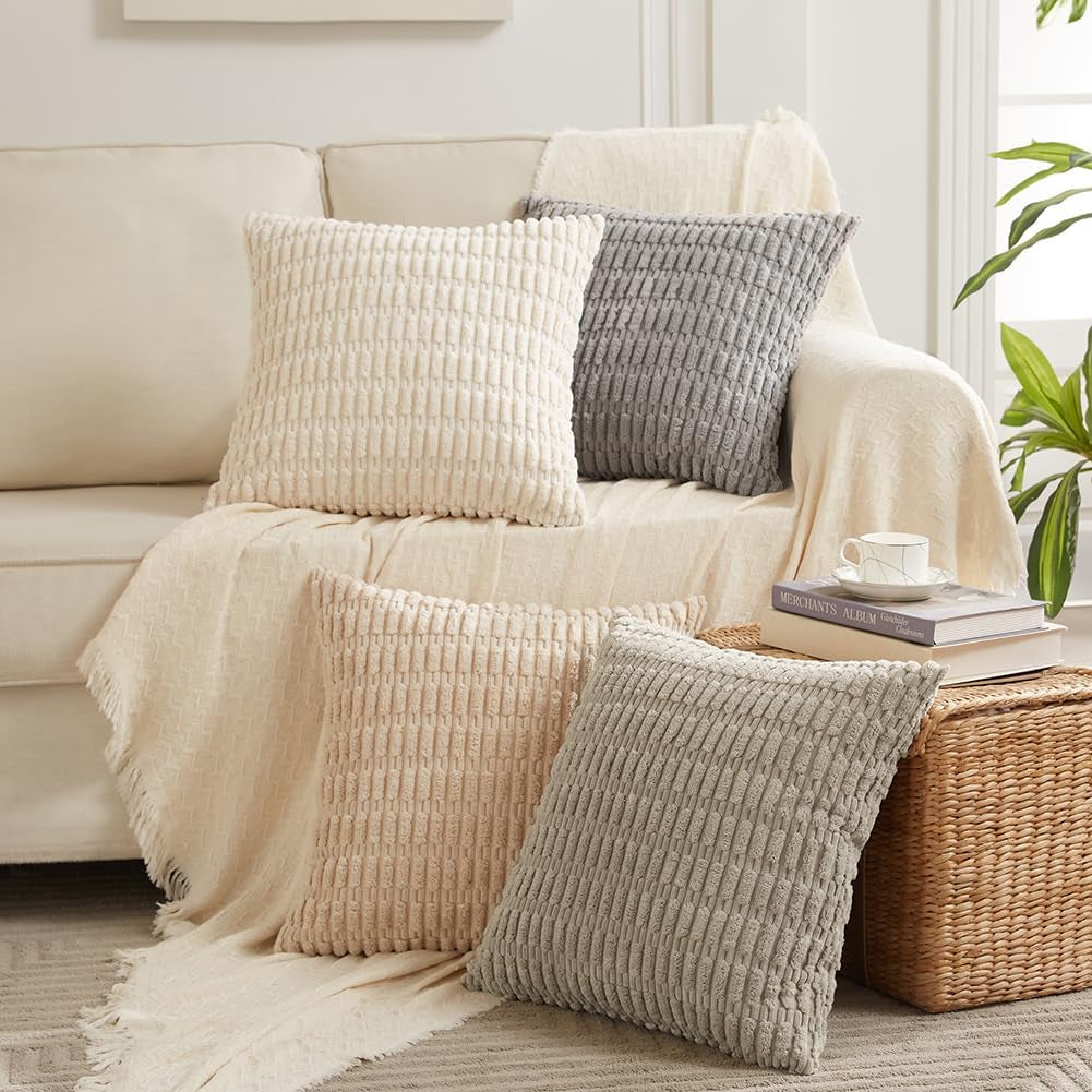 Chic 4-Pack Neutral Decorative Throw Pillow Covers - 18x18 Inch Soft Plush Striped Corduroy Cushion Cases for Rustic Farmhouse Boho Home Decor