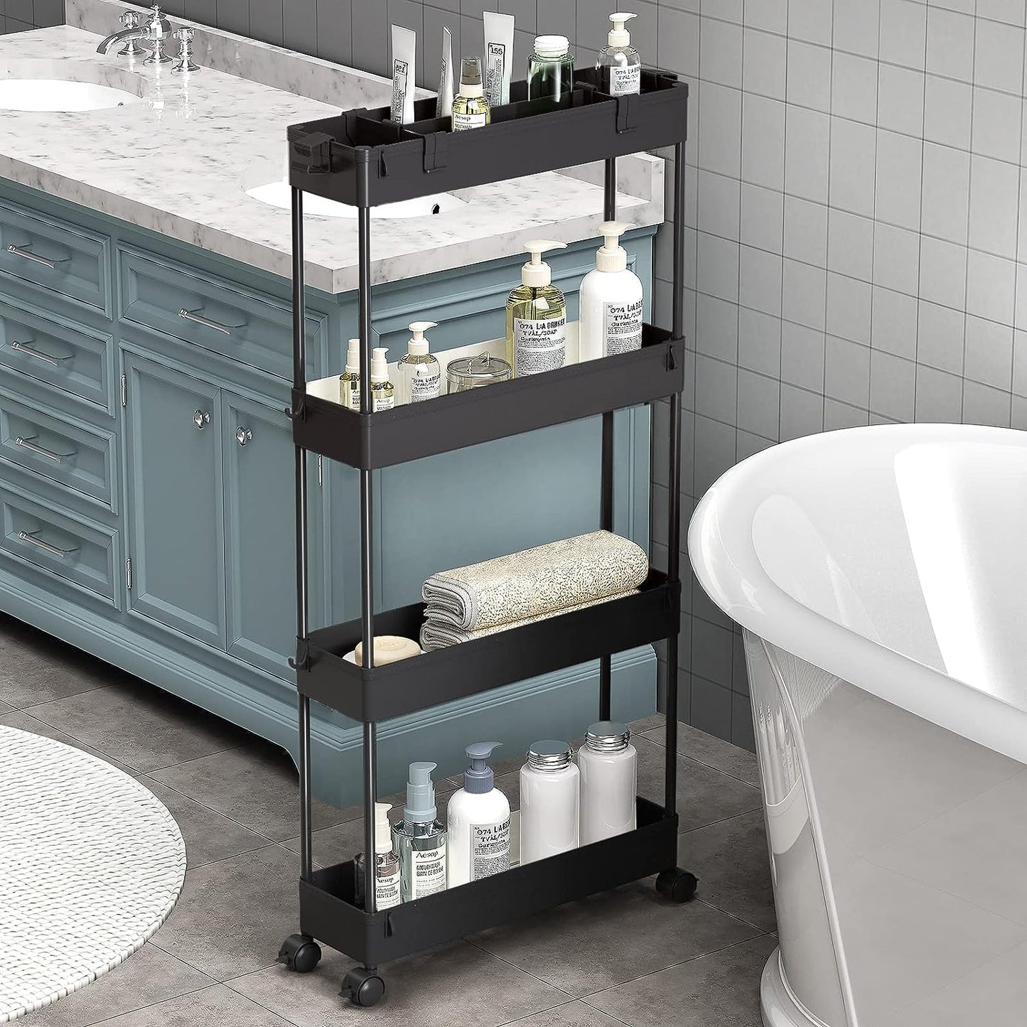 4-Tier Slim Storage Cart - Versatile Rolling Organizer for Bathroom, Kitchen, Office & Laundry Room - Perfect for Narrow Spaces - Sleek Black Design