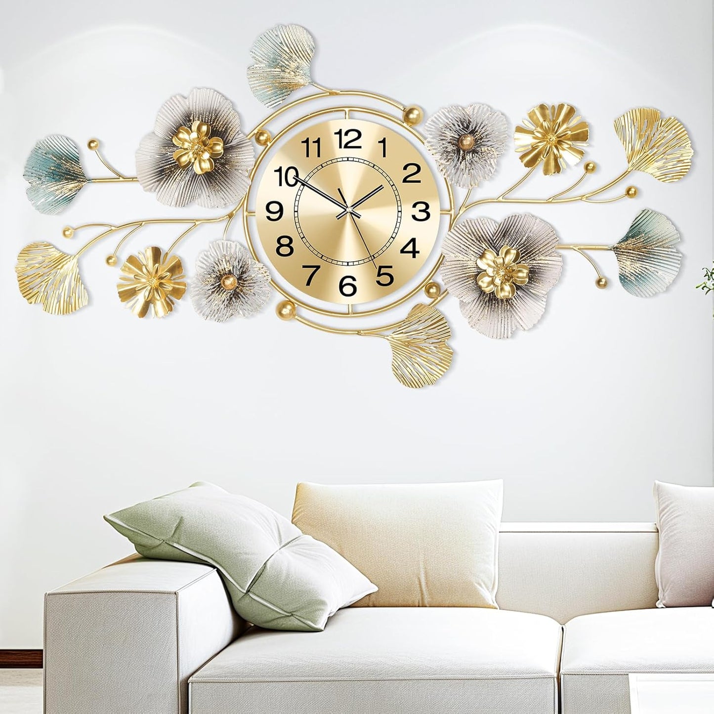 Elegant 3D Metal Ginkgo Leaf Wall Clock - Silent Large Decor for Living Room, Versatile Vertical or Horizontal Display (33''X14'')