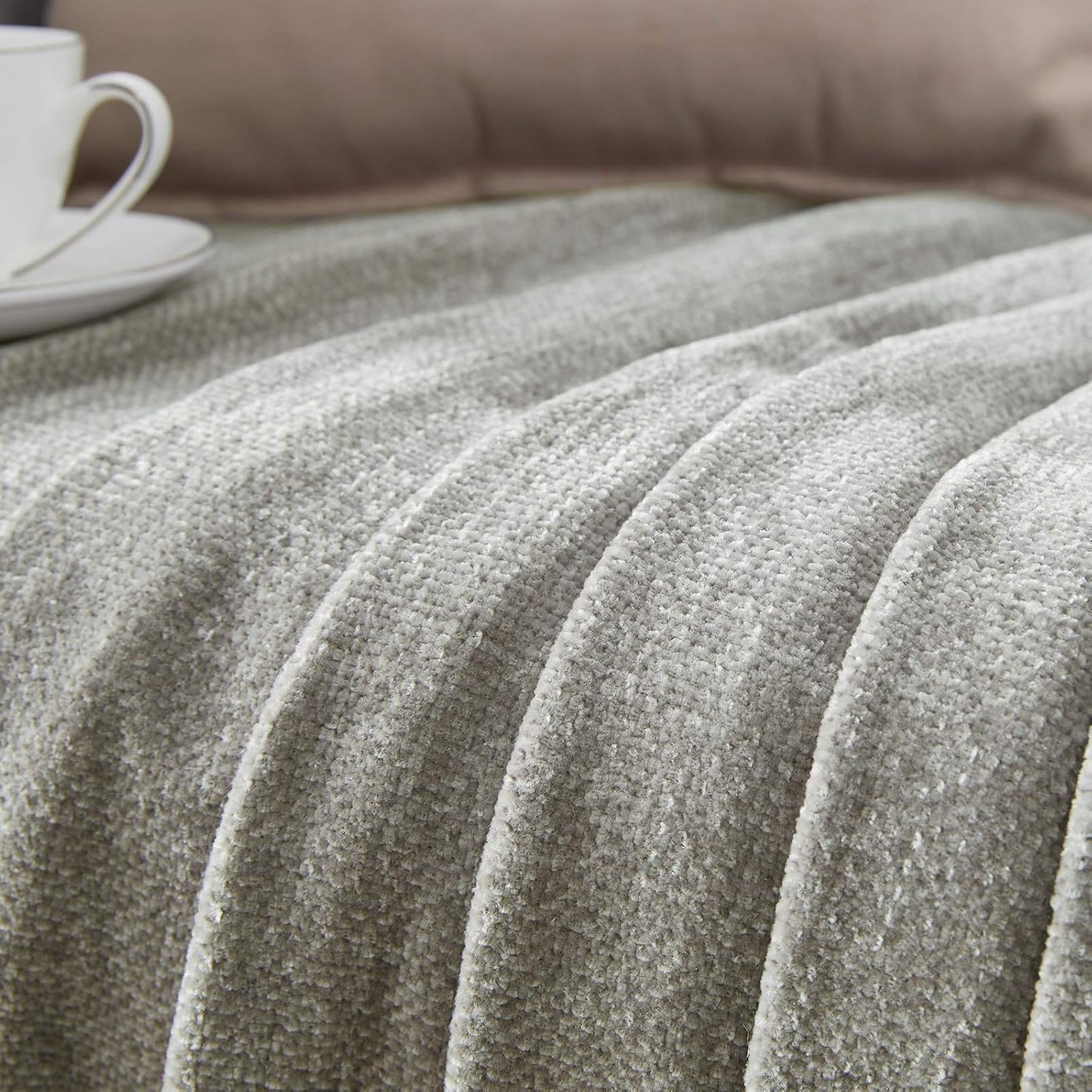 Luxurious Chenille Fluffy Throw Blanket with Decorative Fringe - Perfect for Couch, Sofa, or Chair (50x60 Inches, Grey)