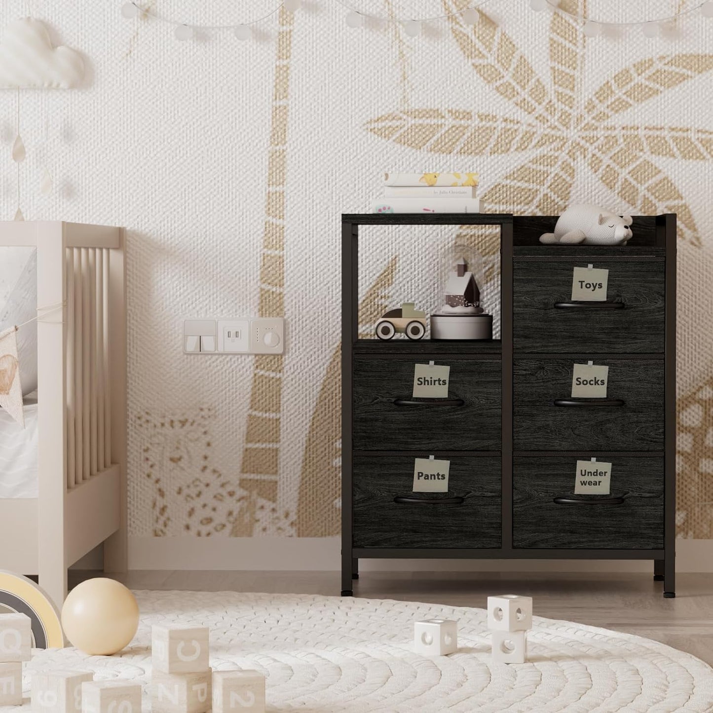 Stylish 5-Drawer Black Dresser with 2-Tier Shelf - Modern Fabric Storage Solution for Bedroom and Closet Organization