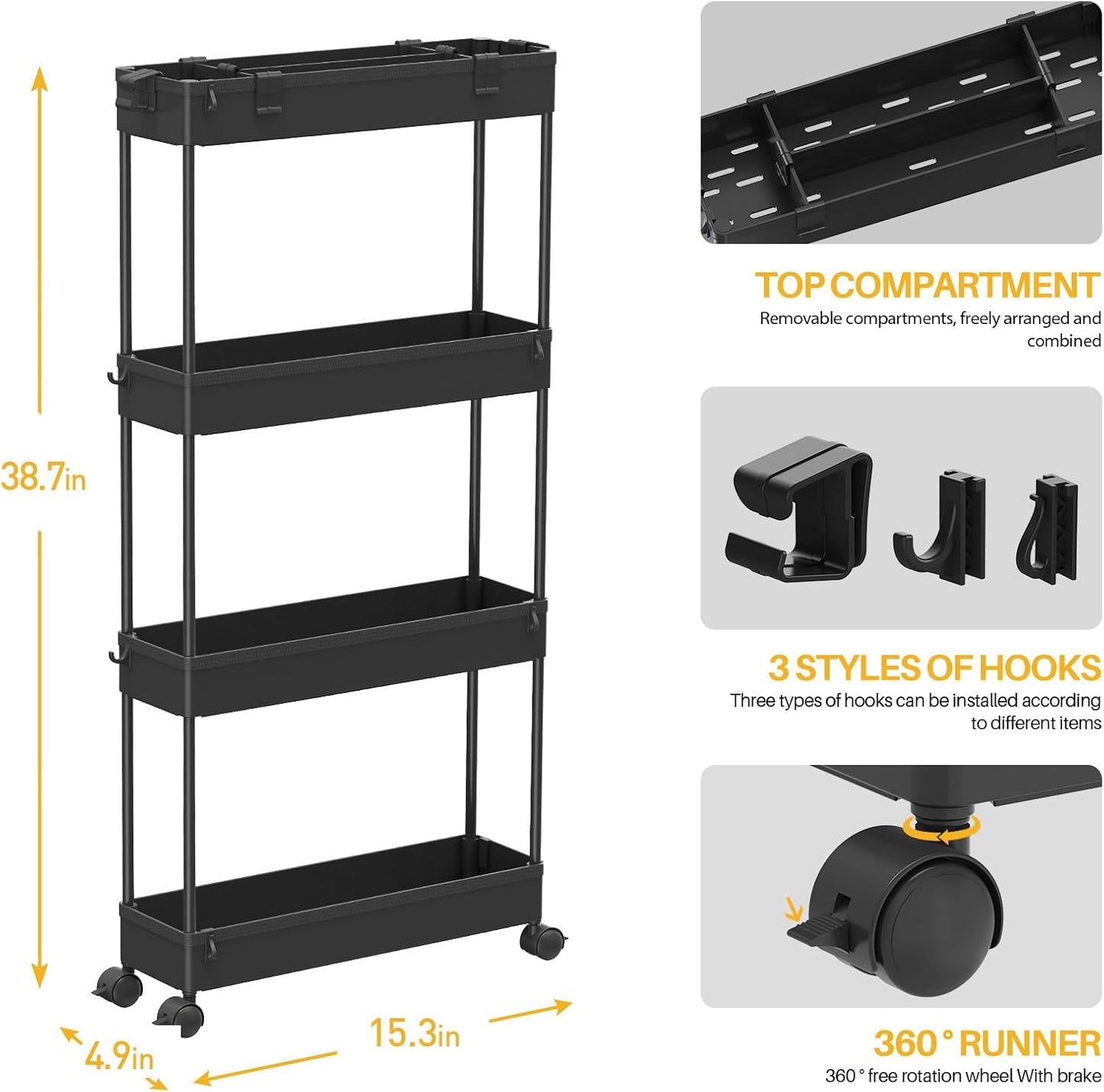 4-Tier Slim Storage Cart - Versatile Rolling Organizer for Bathroom, Kitchen, Office & Laundry Room - Perfect for Narrow Spaces - Sleek Black Design