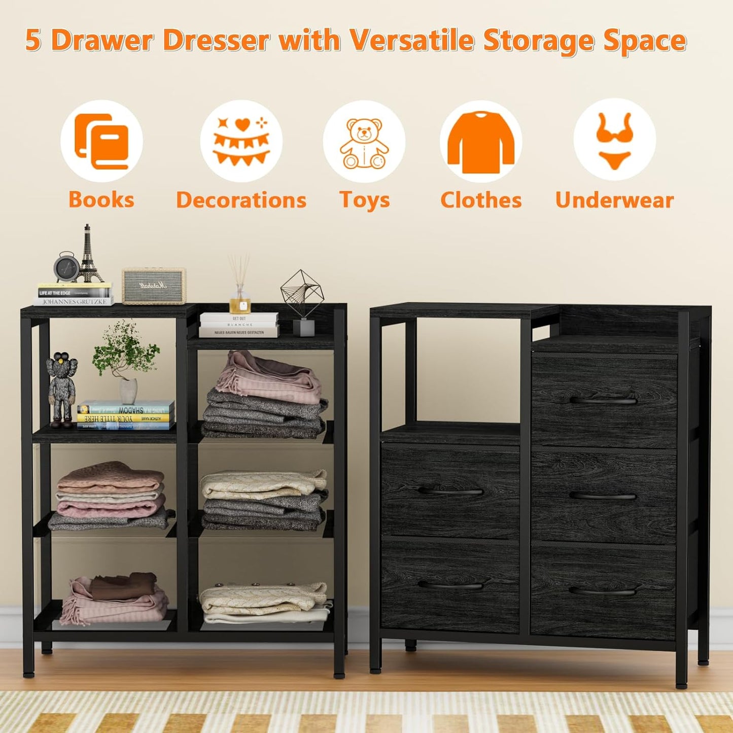 Stylish 5-Drawer Black Dresser with 2-Tier Shelf - Modern Fabric Storage Solution for Bedroom and Closet Organization