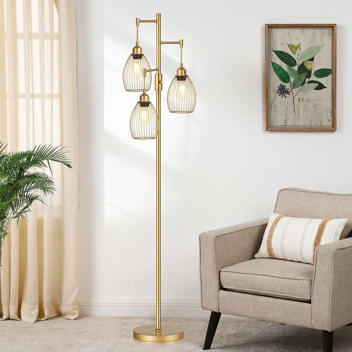 Elegant Dimmable Gold Tree Floor Lamp with Teardrop Cage Heads - 800 Lumens LED Lighting for Living Room and Bedroom