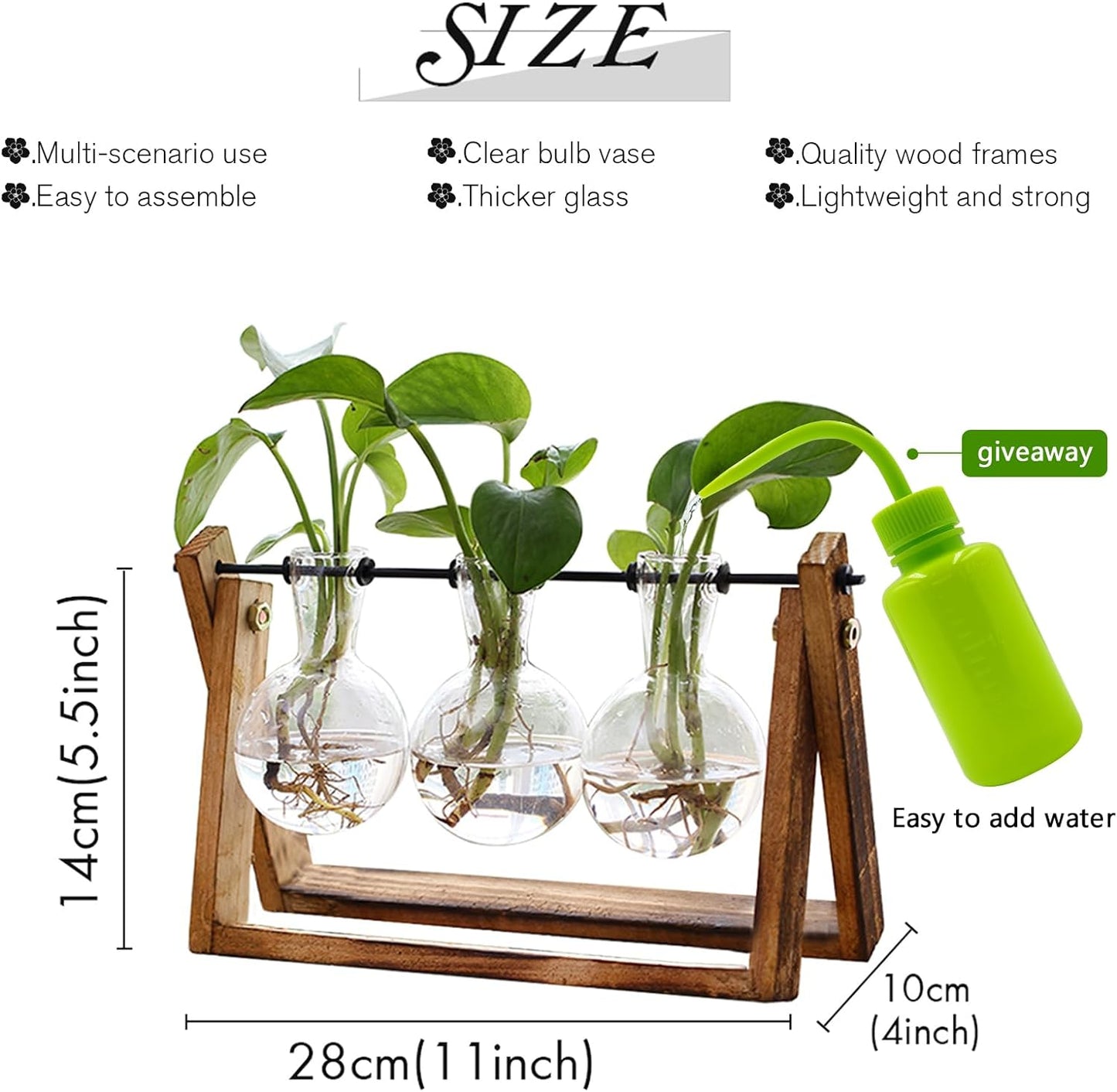 Elegant Plant Terrarium with Wooden Stand - 3 Bulb Glass Vase for Hydroponics & Home Decor