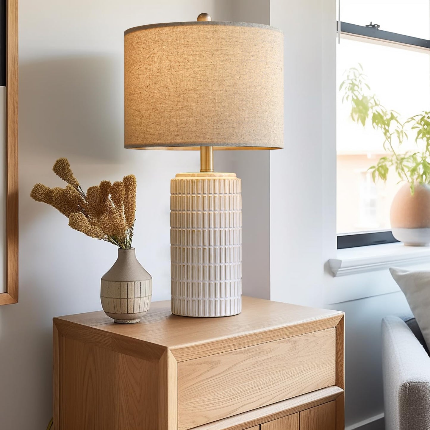 Set of 2 23" Modern Ceramic Table Lamps - Stylish White & Beige Design for Living Room, Bedroom, and Nightstand