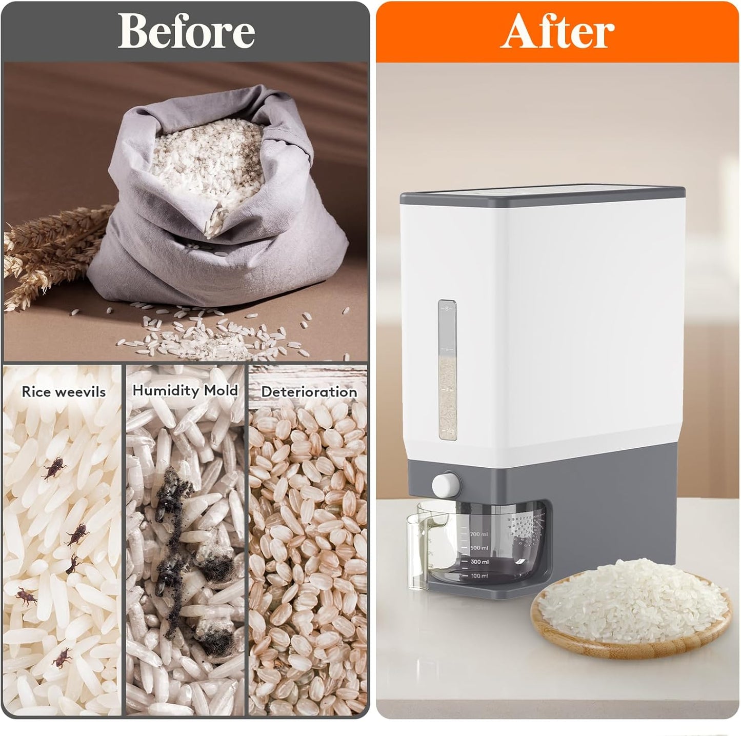 25 Lbs Rice Dispenser - Airtight Moisture-Proof Storage Container with Measuring Cup - BPA-Free Kitchen Pantry Essential