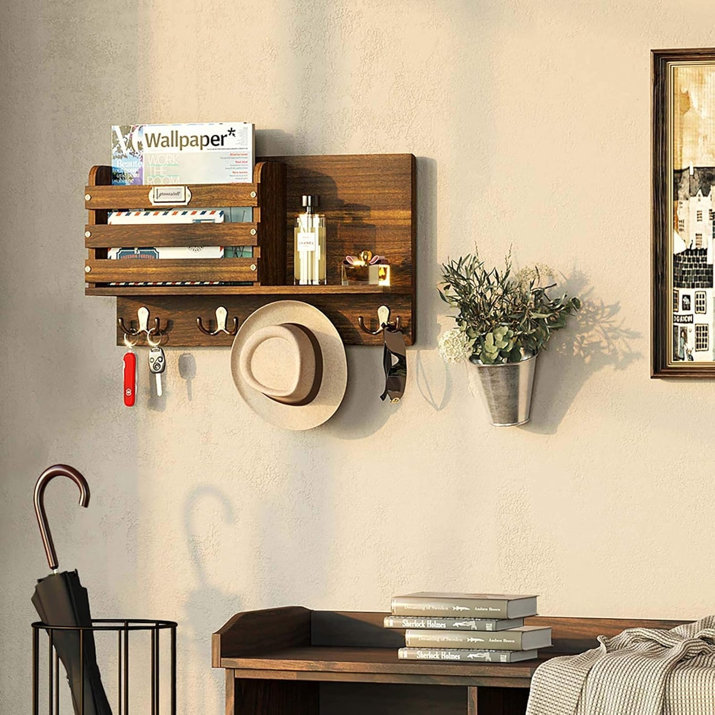 Stylish Rustic Wood Wall-Mounted Mail Organizer with Key Hooks - Large Size Entryway Decor in Dark Brown