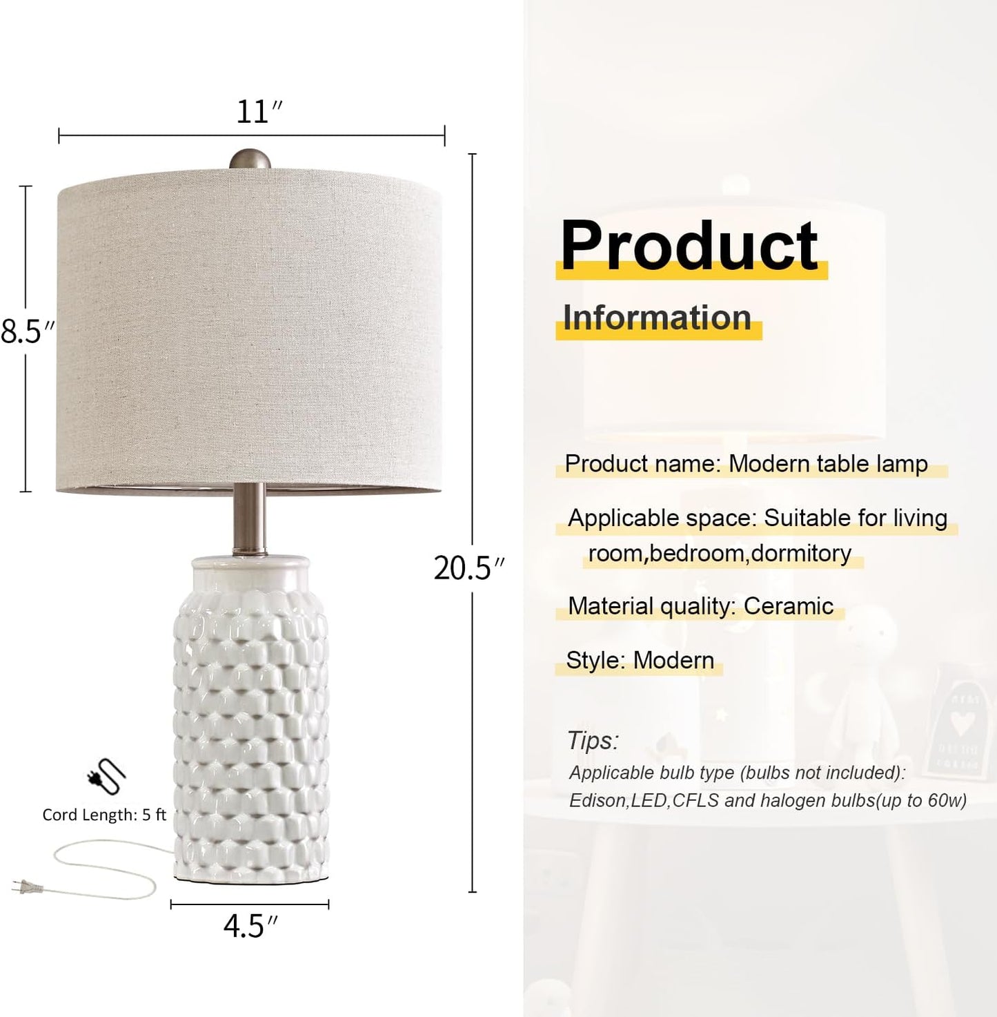Set of 2 Stylish 20.5" White Modern Ceramic Bedside Lamps - Perfect for Bedroom, Living Room, or Office Decor