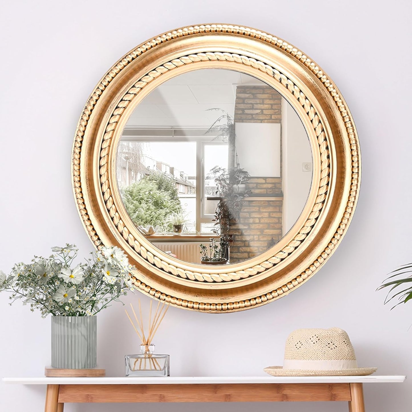20-Inch Rustic Copper Round Wall Mirror - Elegant Farmhouse Decor with Wooden Finish Frame