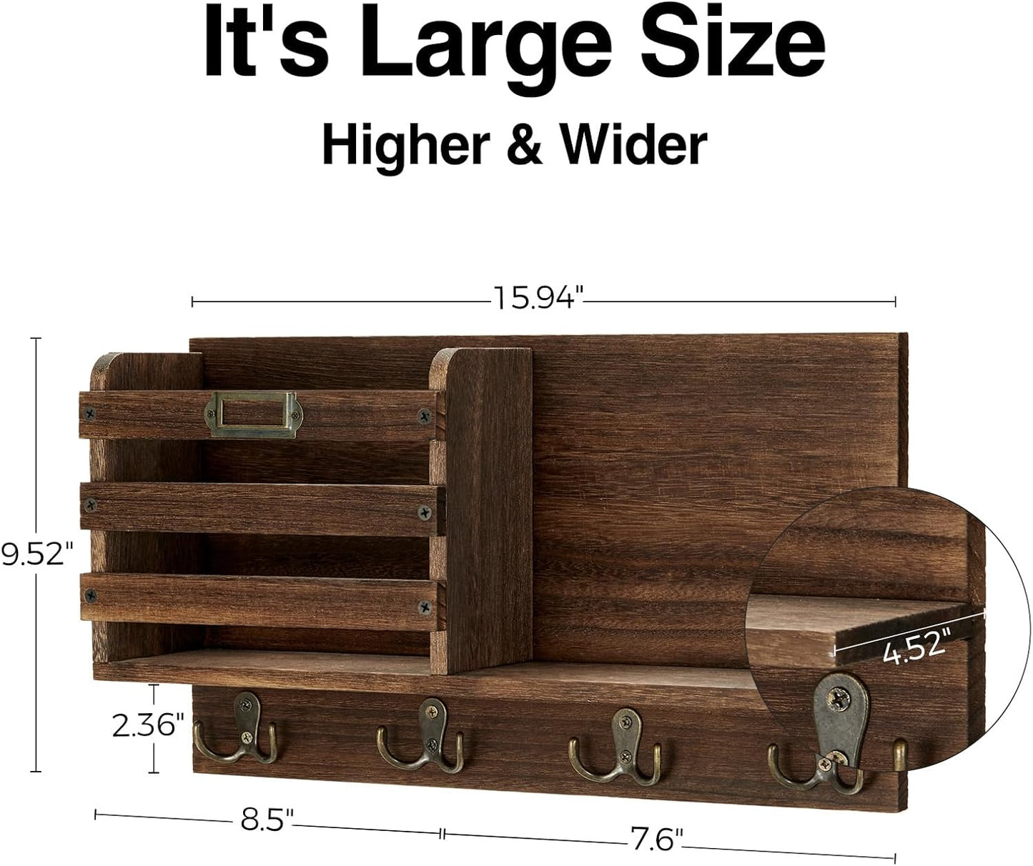 Stylish Rustic Wood Wall-Mounted Mail Organizer with Key Hooks - Large Size Entryway Decor in Dark Brown