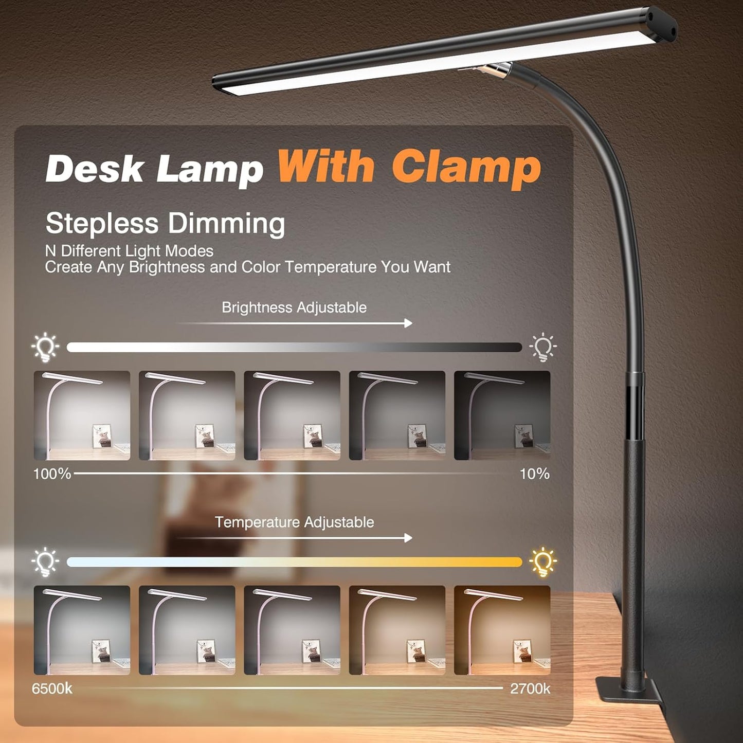 Versatile LED Desk Lamp with Stepless Dimming & Flexible Gooseneck - Eye-Caring Light for Office, Home, and Study (Black)