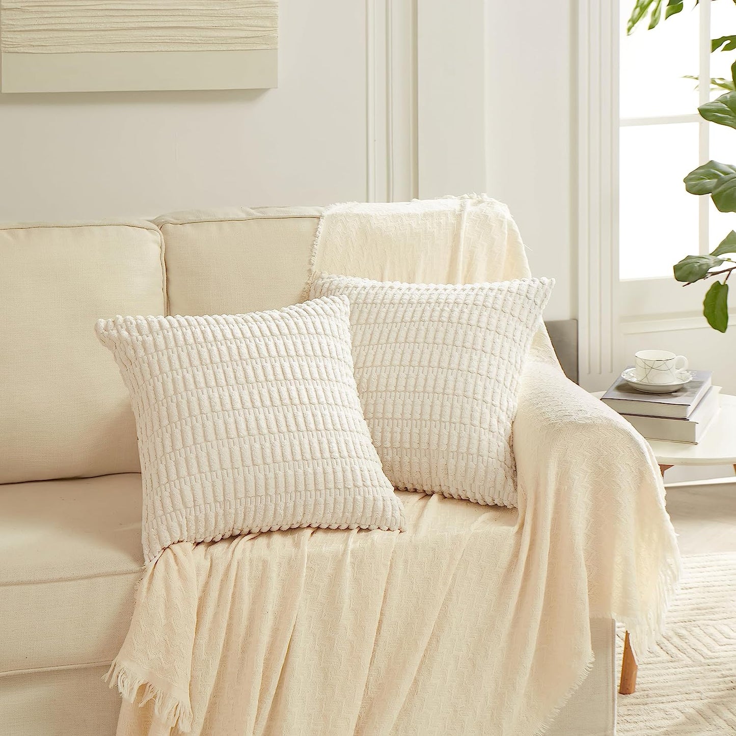 Chic 4-Pack Neutral Decorative Throw Pillow Covers - 18x18 Inch Soft Plush Striped Corduroy Cushion Cases for Rustic Farmhouse Boho Home Decor
