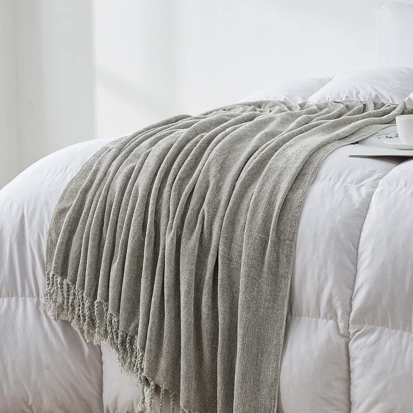 Luxurious Chenille Fluffy Throw Blanket with Decorative Fringe - Perfect for Couch, Sofa, or Chair (50x60 Inches, Grey)