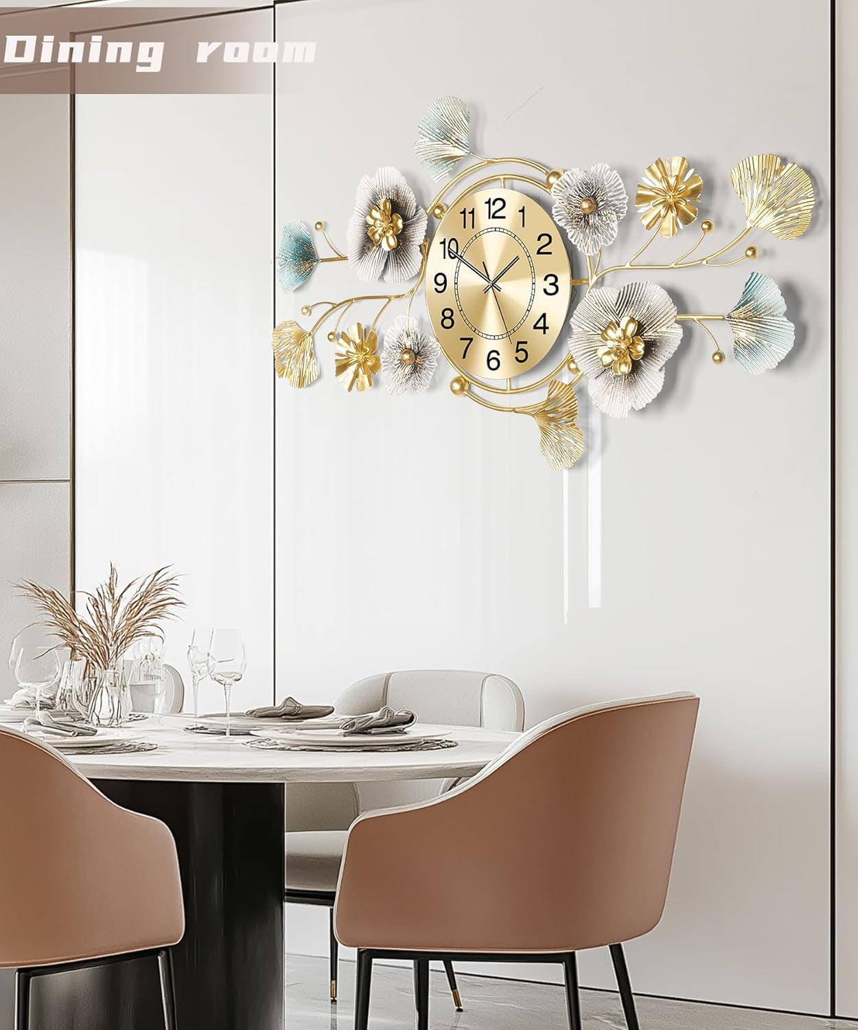 Elegant 3D Metal Ginkgo Leaf Wall Clock - Silent Large Decor for Living Room, Versatile Vertical or Horizontal Display (33''X14'')