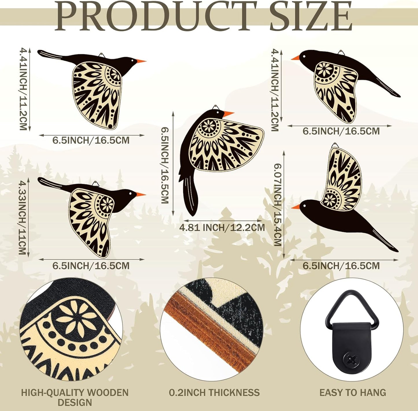 Elegant 5-Piece Wooden Bird Wall Art - Rustic Scandinavian Decor for Living Room, Bedroom, Kitchen, and Office (Black)