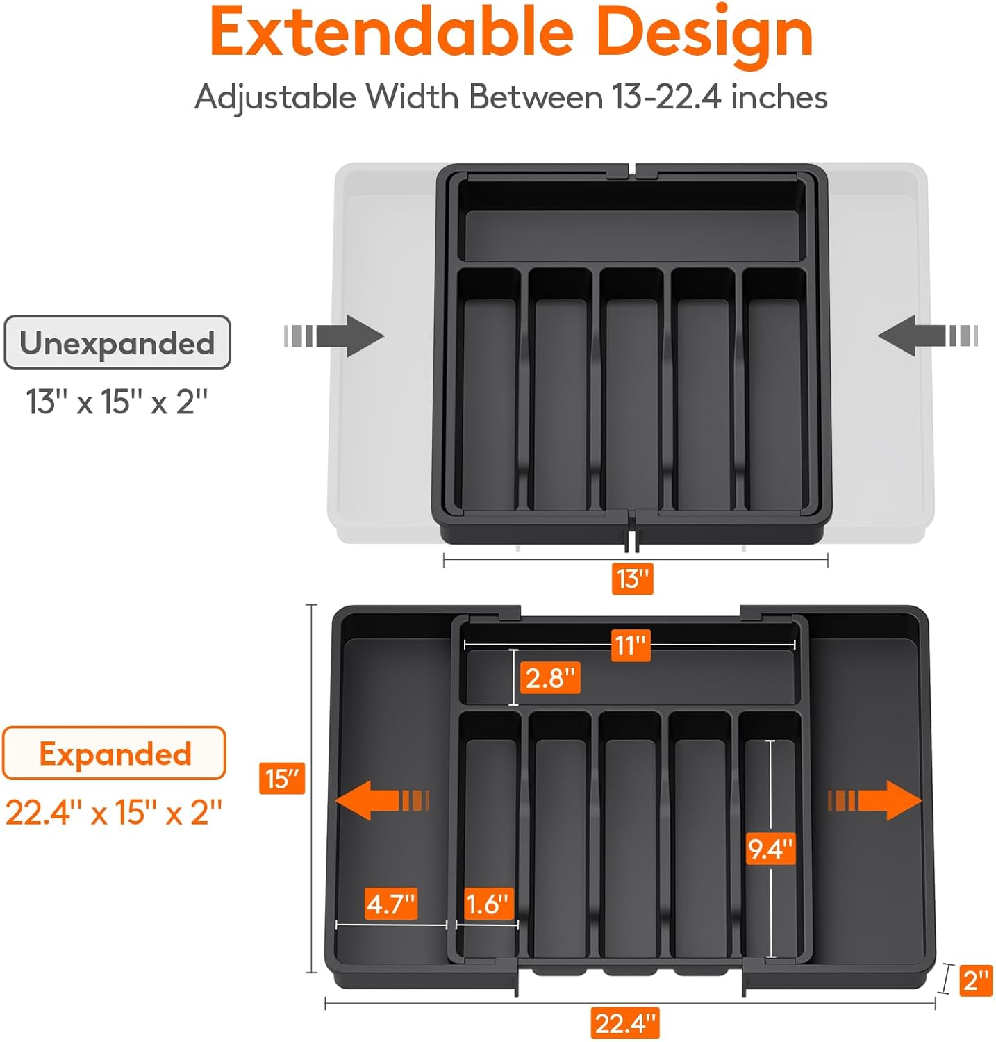 Expandable Silverware Drawer Organizer - Large BPA-Free Utensil Tray for Kitchen, Adjustable Cutlery Storage in Sleek Black