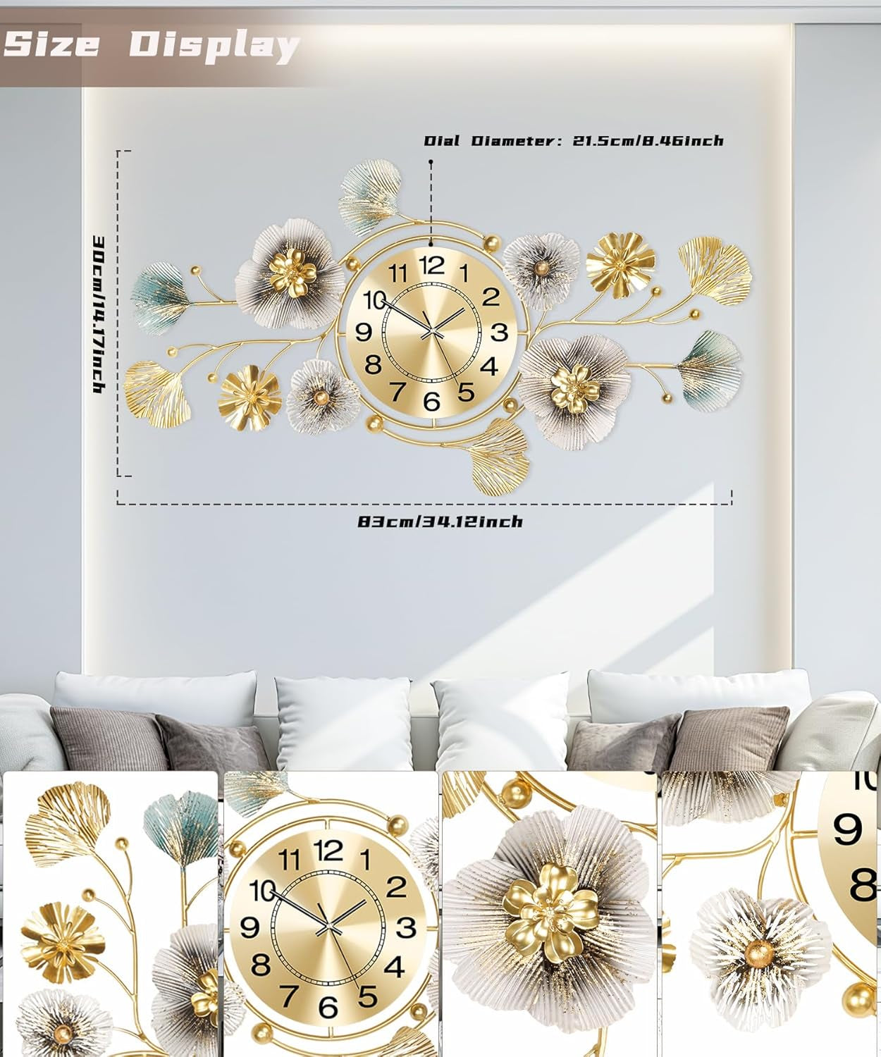 Elegant 3D Metal Ginkgo Leaf Wall Clock - Silent Large Decor for Living Room, Versatile Vertical or Horizontal Display (33''X14'')