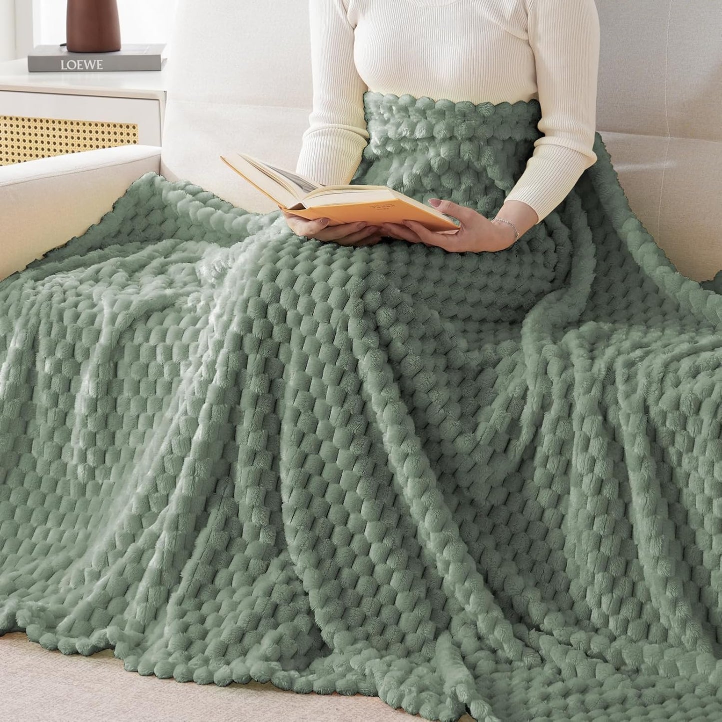 Sage Green Flannel Throw Blanket with Pillow Cover - Cozy 300 GSM Fleece for All Seasons, Perfect for Bed & Sofa (50x71 Inches)