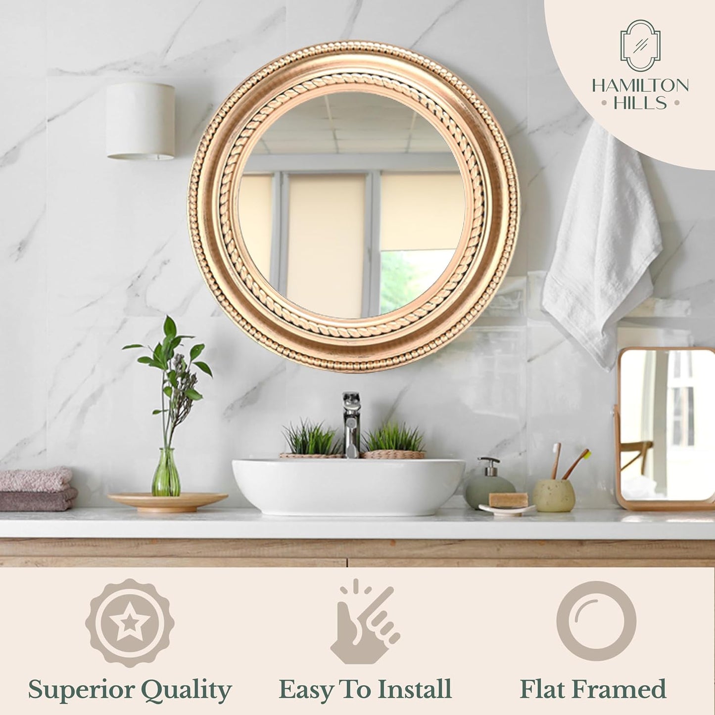20-Inch Rustic Copper Round Wall Mirror - Elegant Farmhouse Decor with Wooden Finish Frame