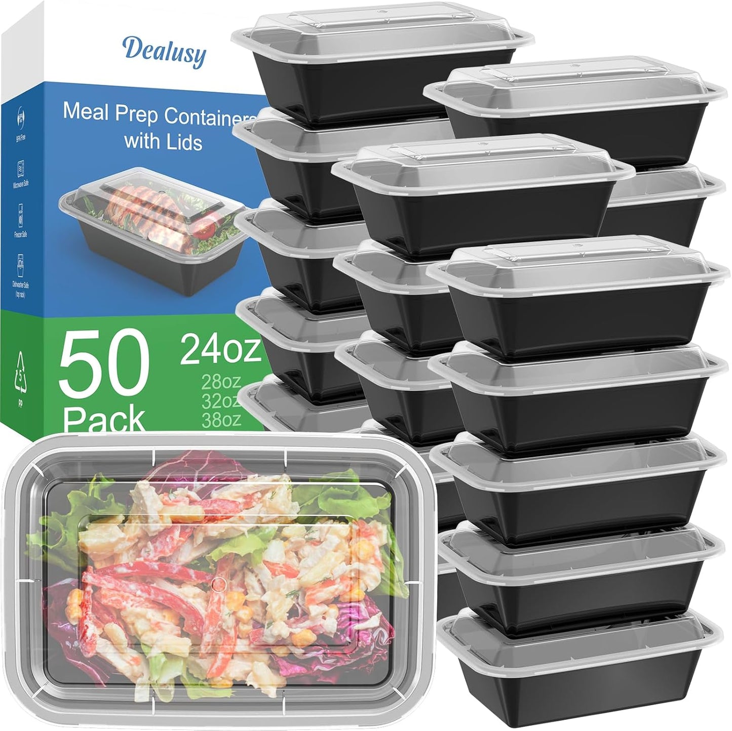 50 Pack of 24 Oz Reusable Meal Prep Containers - Leakproof, Food Safe, Microwave & Dishwasher Safe with Lids for Convenient Food Storage