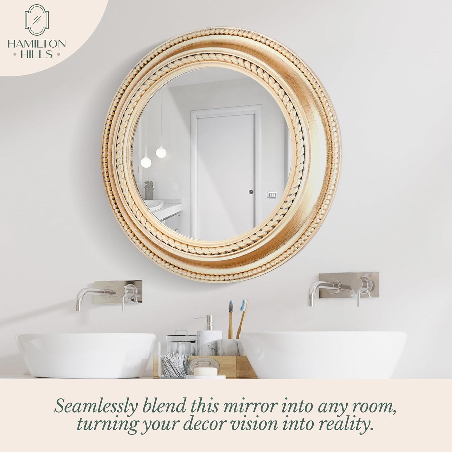 20-Inch Rustic Copper Round Wall Mirror - Elegant Farmhouse Decor with Wooden Finish Frame