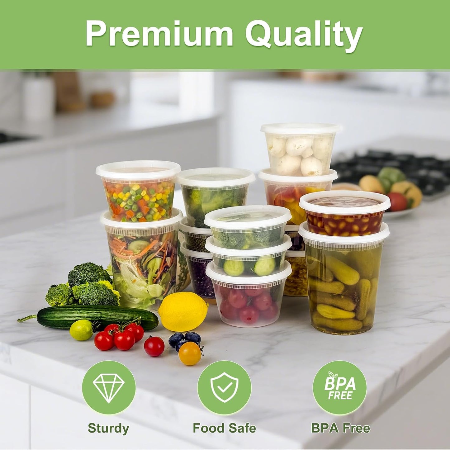 60 Sets of Leak-Proof Deli Containers with Lids - 120-Piece Airtight Food Storage Solution (32/16/8 Oz) - BPA Free, Microwave, Freezer & Dishwasher Safe