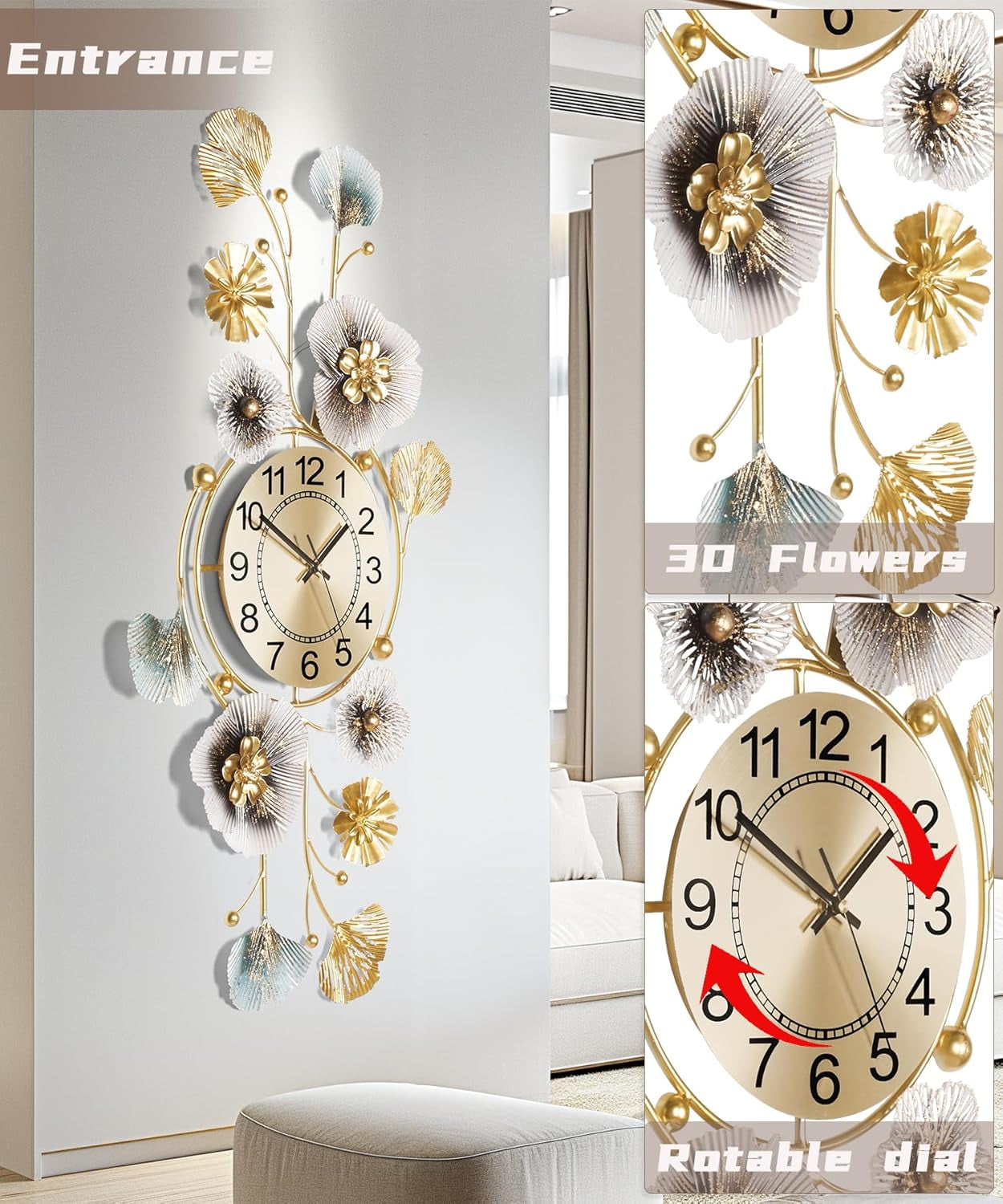 Elegant 3D Metal Ginkgo Leaf Wall Clock - Silent Large Decor for Living Room, Versatile Vertical or Horizontal Display (33''X14'')