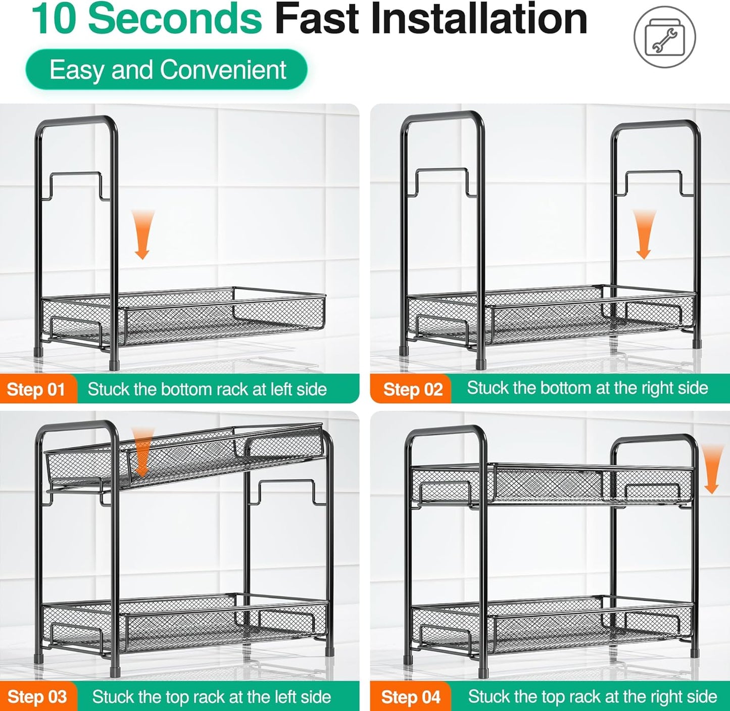 2-Tier Foldable Spice Rack Organizer - Rust-Proof Metal Seasoning Shelf with Guardrail & Mesh Design for Kitchen, Bathroom, Living Room, and Pantry - Sleek Black Finish