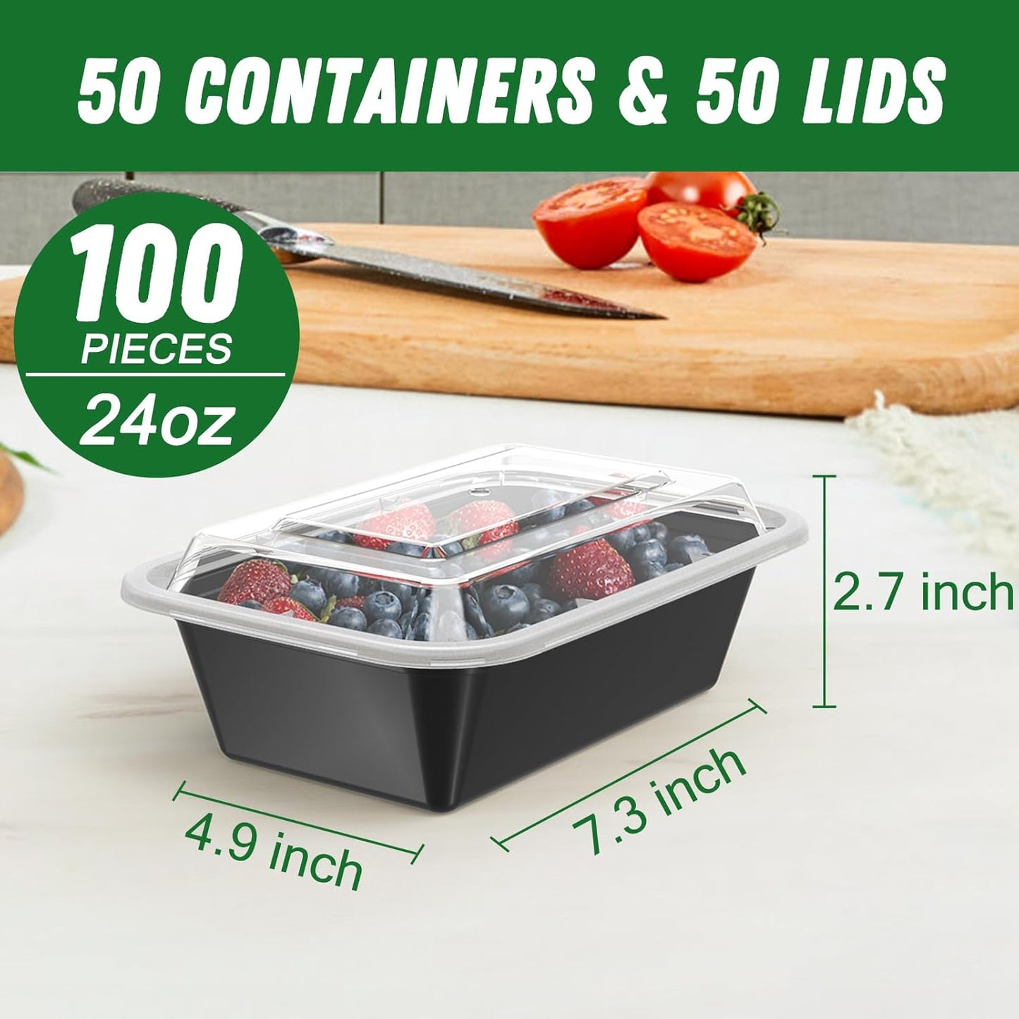 50 Pack of 24 Oz Reusable Meal Prep Containers - Leakproof, Food Safe, Microwave & Dishwasher Safe with Lids for Convenient Food Storage