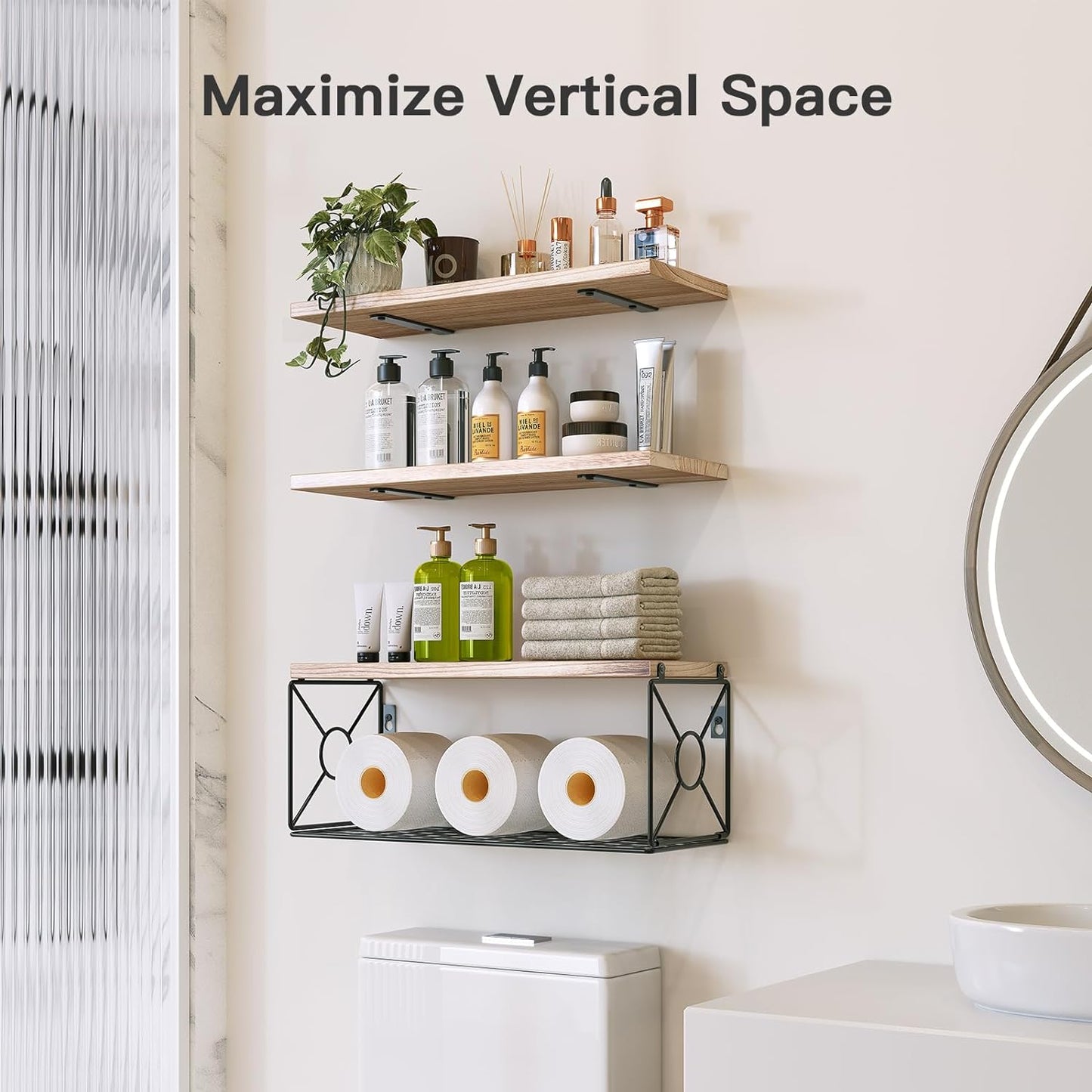 Stylish Natural Wood Over Toilet Shelves with Storage Basket – Perfect for Bathroom, Kitchen, and Living Room Organization & Decor
