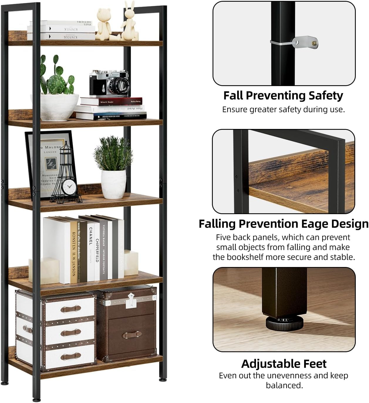 Vintage 5-Tier Bookshelf - Stylish Home Office & Living Room Storage Organizer