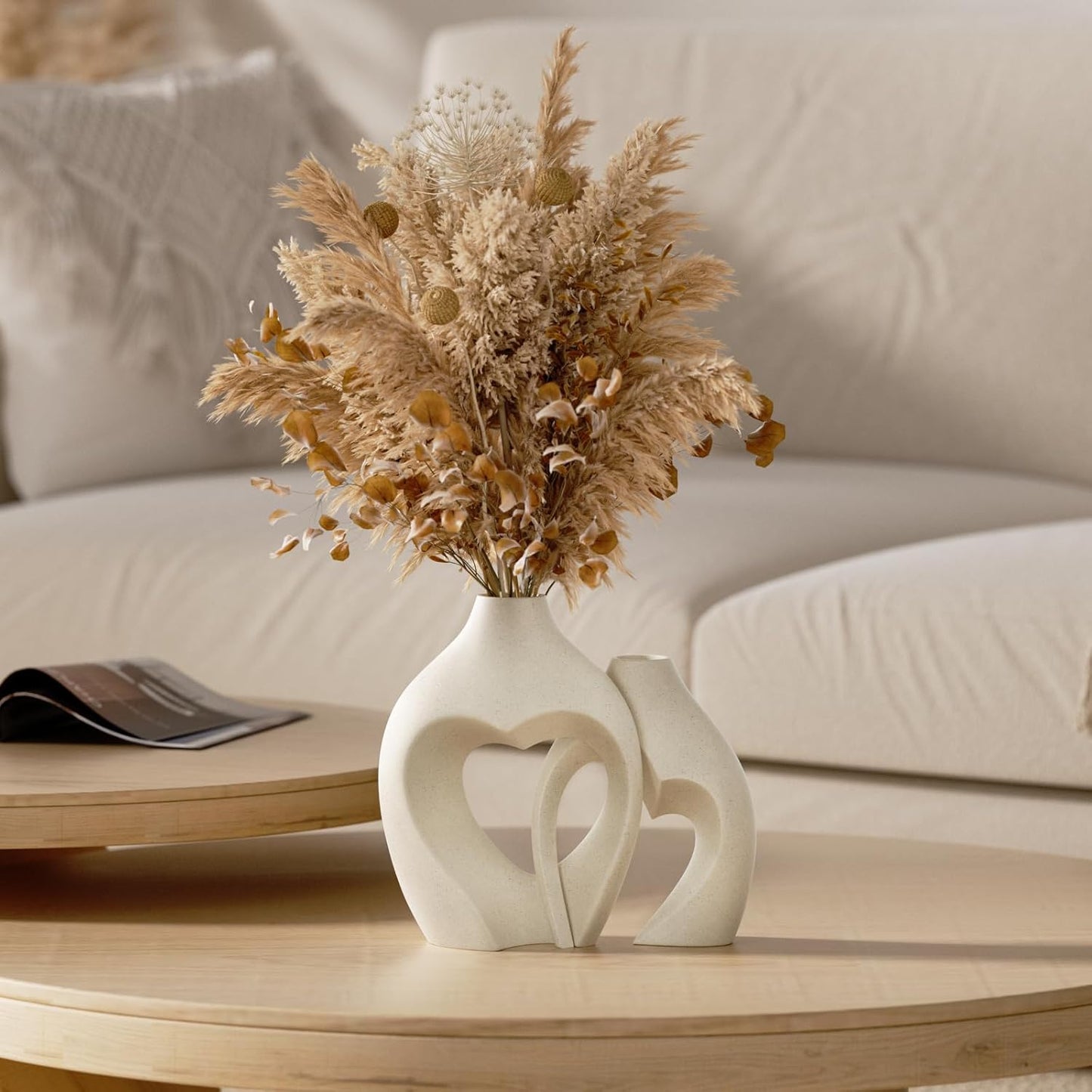 Elegant Heart-Shaped White Ceramic Vases - Set of 2 for Stylish Home Decor, Weddings, and Office Centerpieces