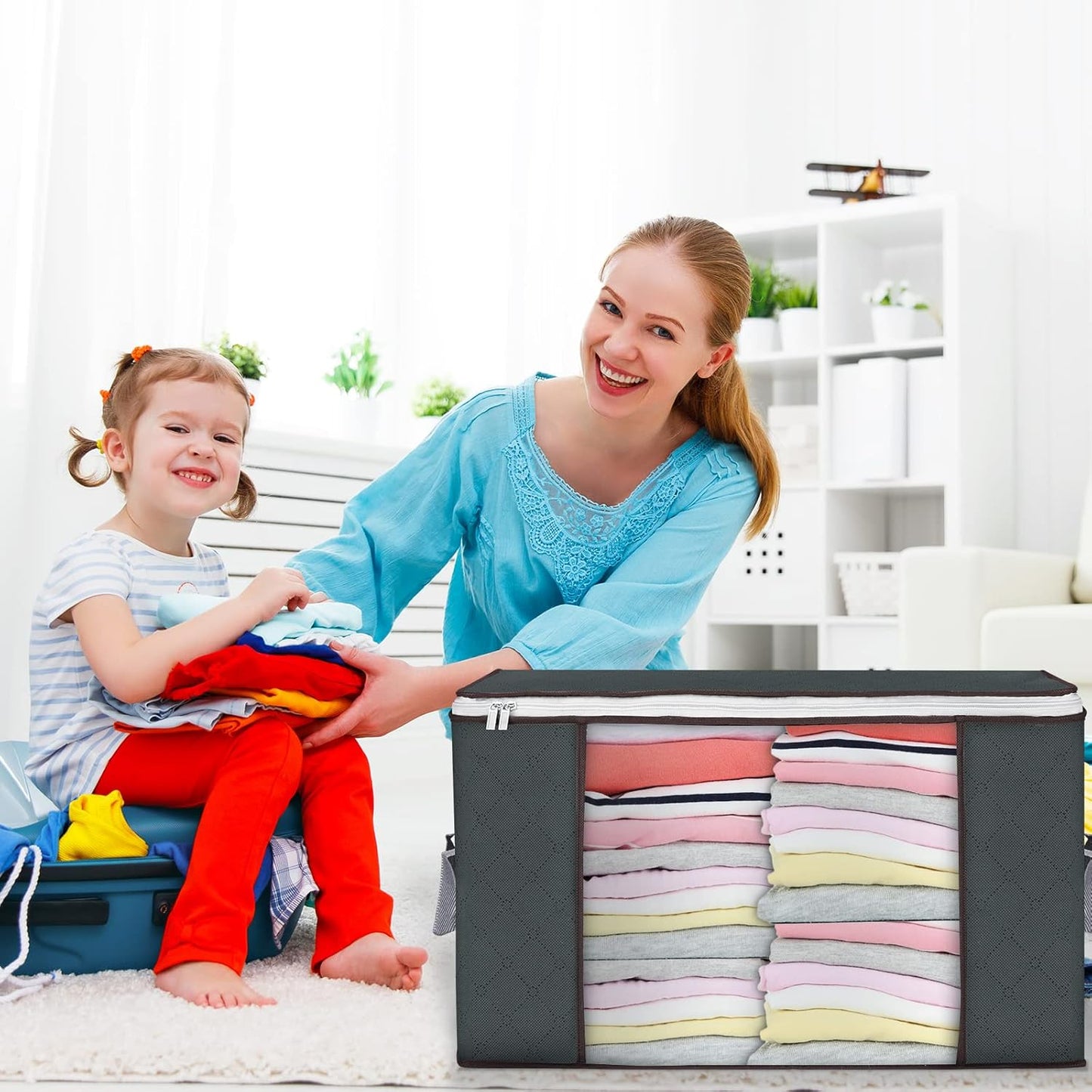 90L Extra-Large Storage Bags - 6 Pack Foldable Closet Organizers with Reinforced Handles for Clothes, Blankets, Bedding, and Toys (Gray)