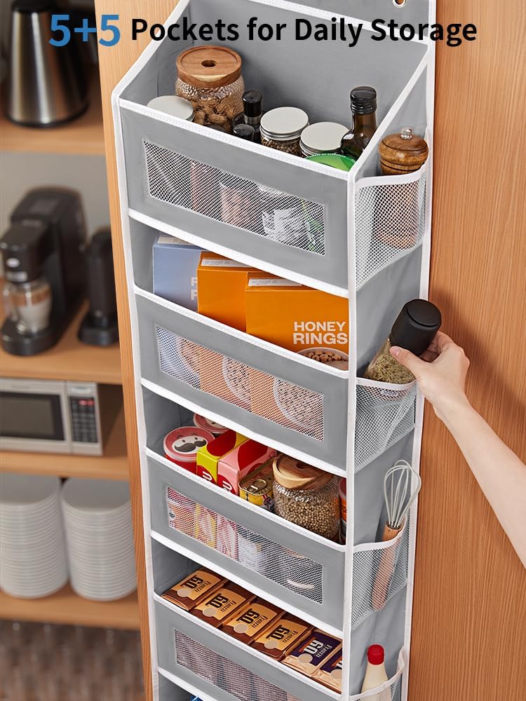 Maximize Space with Over the Door Organizer - 5 Shelf Hanging Storage with 5 Large Pockets, Anti-Tilt Design, Perfect for Bedroom, Bathroom, Pantry, Nursery (Grey)