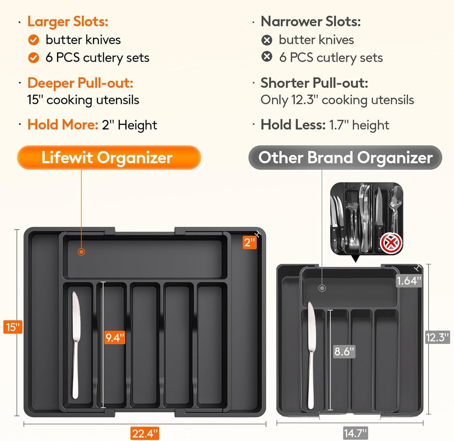 Expandable Silverware Drawer Organizer - Large BPA-Free Utensil Tray for Kitchen, Adjustable Cutlery Storage in Sleek Black
