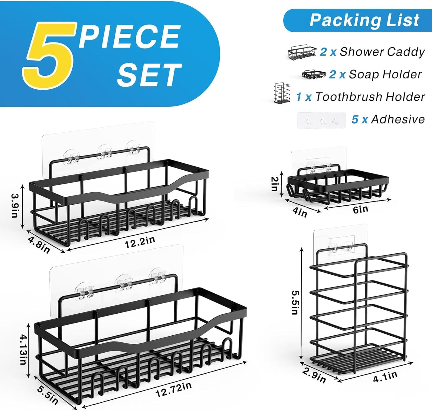 Rustproof Stainless Steel Shower Caddy Set - 5 Pack Adhesive Bath Organizers with Large Capacity, No Drilling Required for Effortless Bathroom Storage & Stylish Home Decor