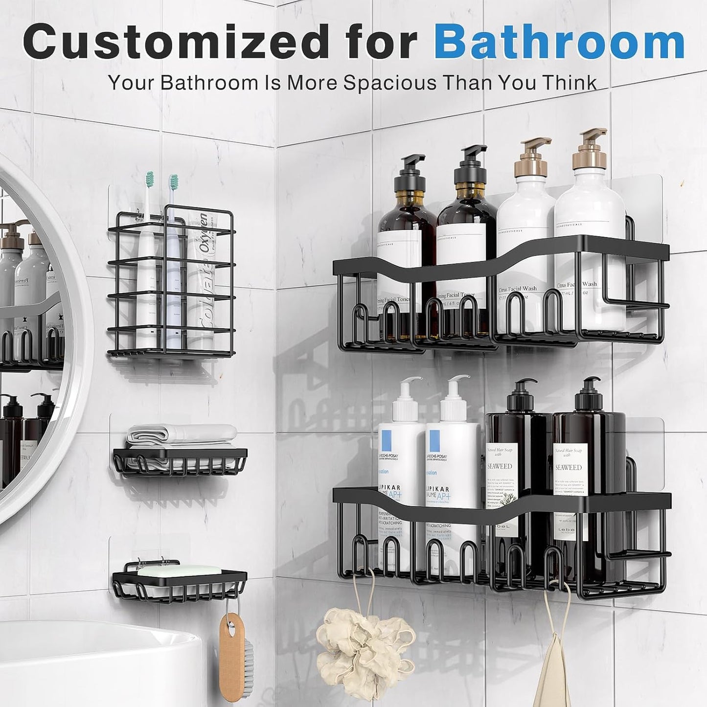 Rustproof Stainless Steel Shower Caddy Set - 5 Pack Adhesive Bath Organizers with Large Capacity, No Drilling Required for Effortless Bathroom Storage & Stylish Home Decor